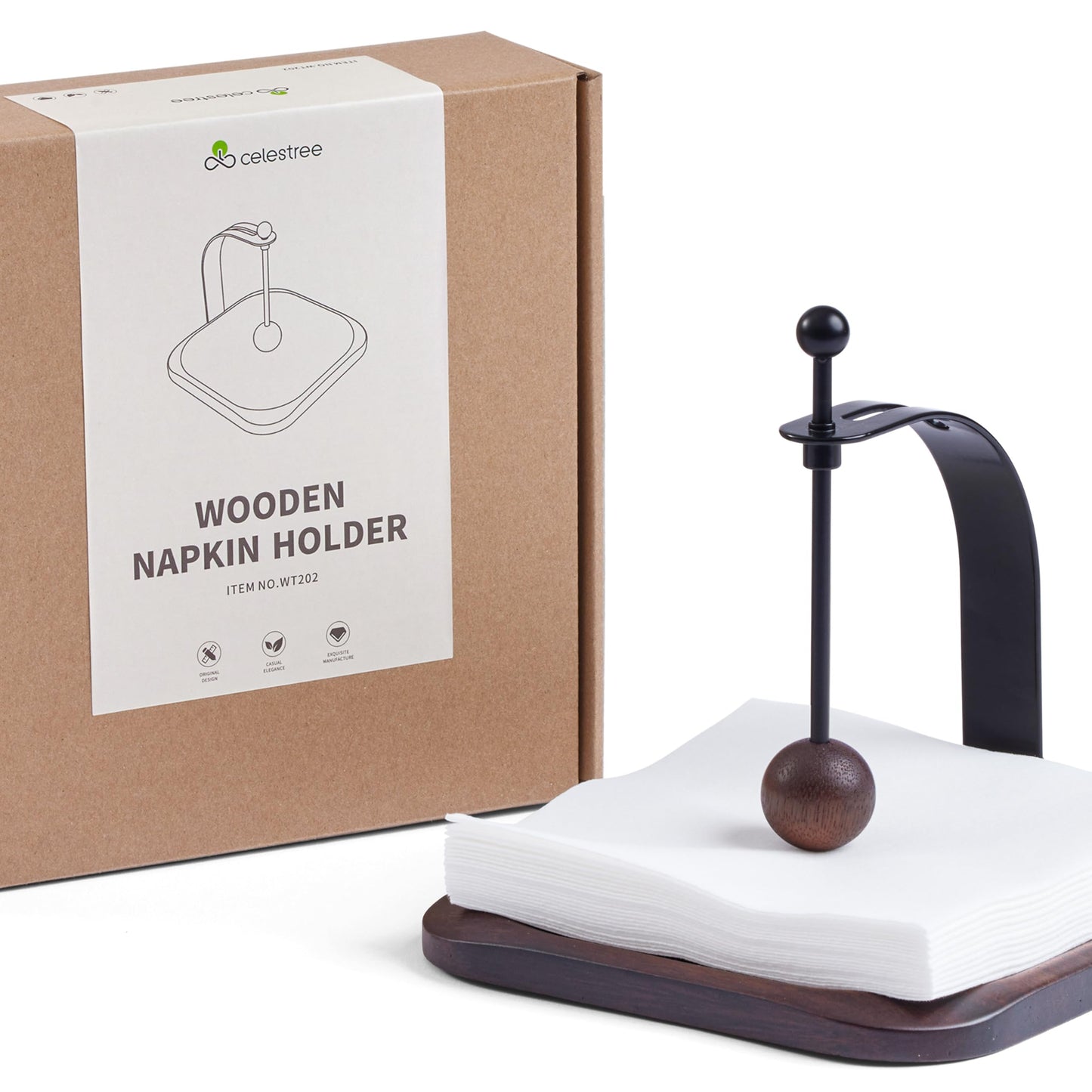 Walnut Napkin Holder for Table Wood Square Napkin Dispenser with Metal Cocktail Napkin Holder, Suitable for Kitchen, Restaurant, Bar, Office, Parties, Home Décor (Black Walnut Wood)