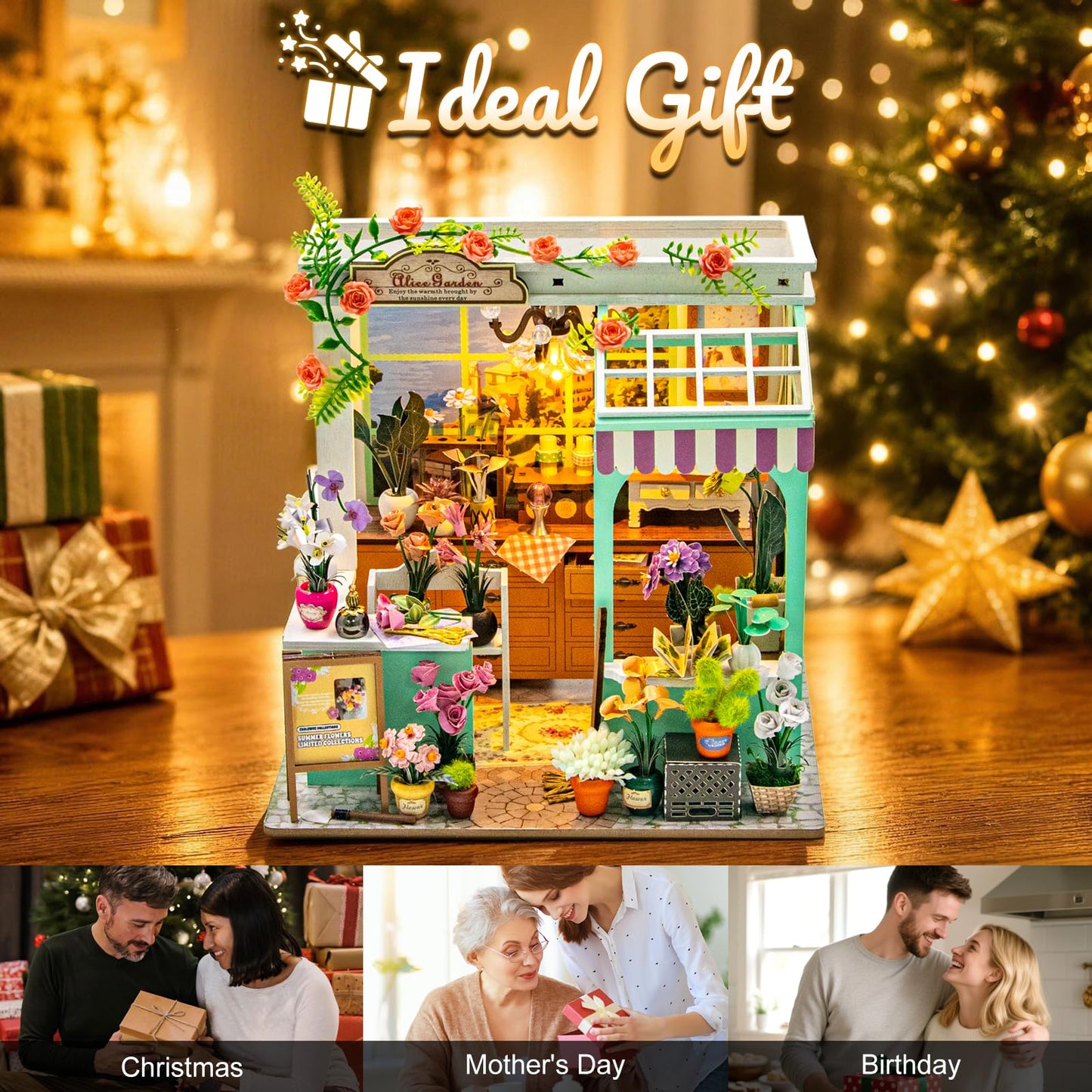Hallisun DIY Miniature House Kit, Alice Garden Tiny 3D Wooden House Making Set for Adults, Dollhouse Bookshelf Decor with Furniture & LED Lights, Christmas Birthday Greenhouse Craft Gift for Friend