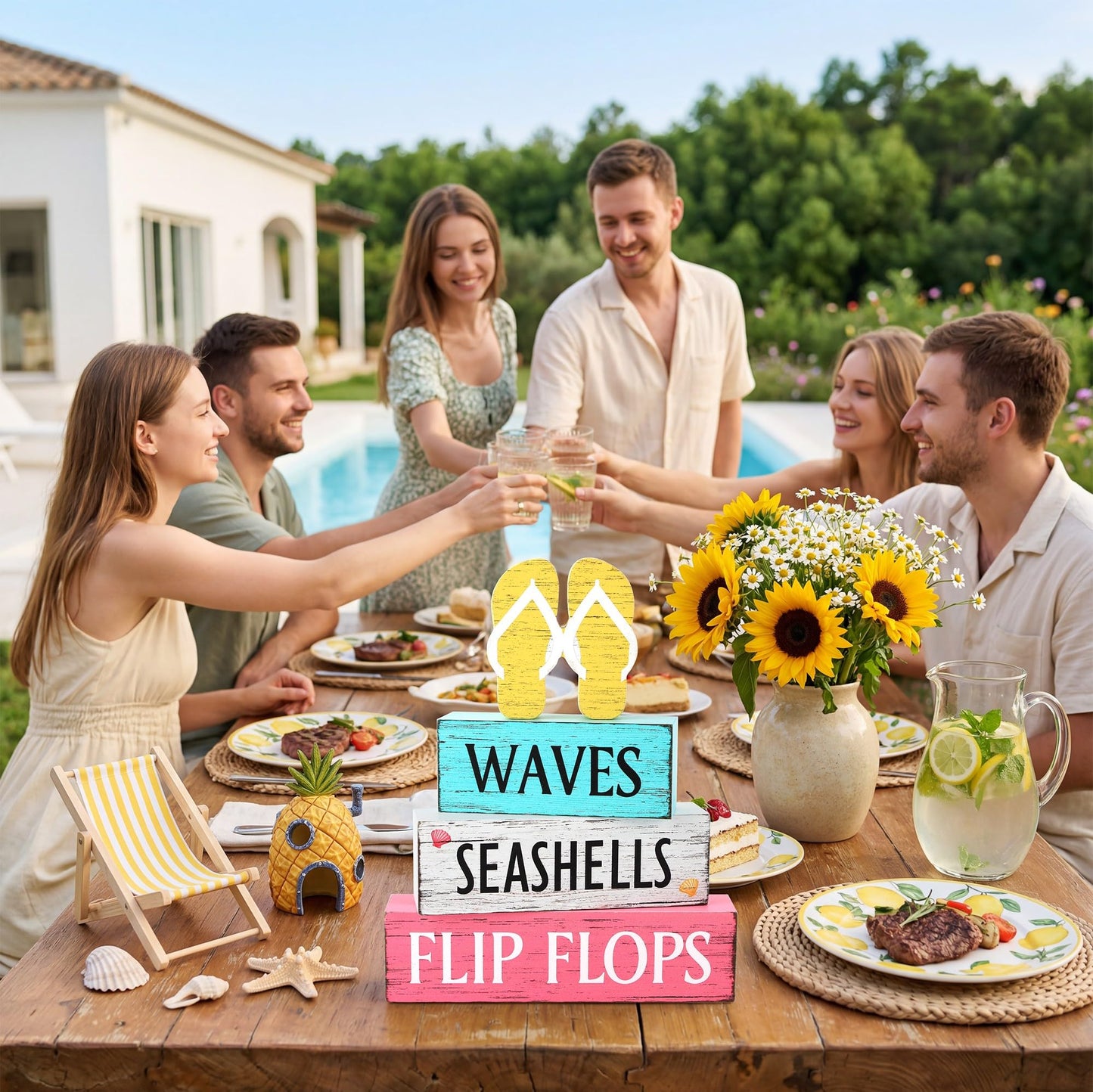 4 Pcs Summer Wooden Tiered Tray Decor, Flip Flops Decorations Gifts for Home, Summer Table Centerpiece for Beach Mantel Party Kitchen Hawaii