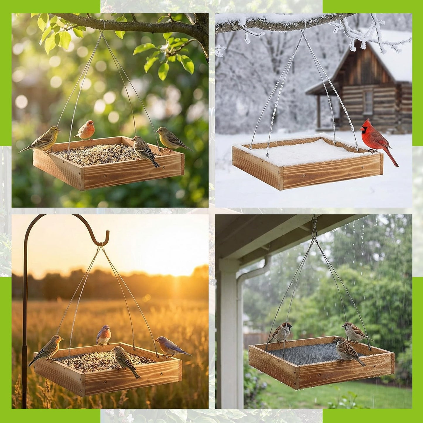 DoubleFill 2 Pcs Wooden Platform Bird Feeder Tray for Outdoor Hanging Bird Feeder with Mesh Tray for Wild Birdfeeding Mealworm Outside Garden Backyard