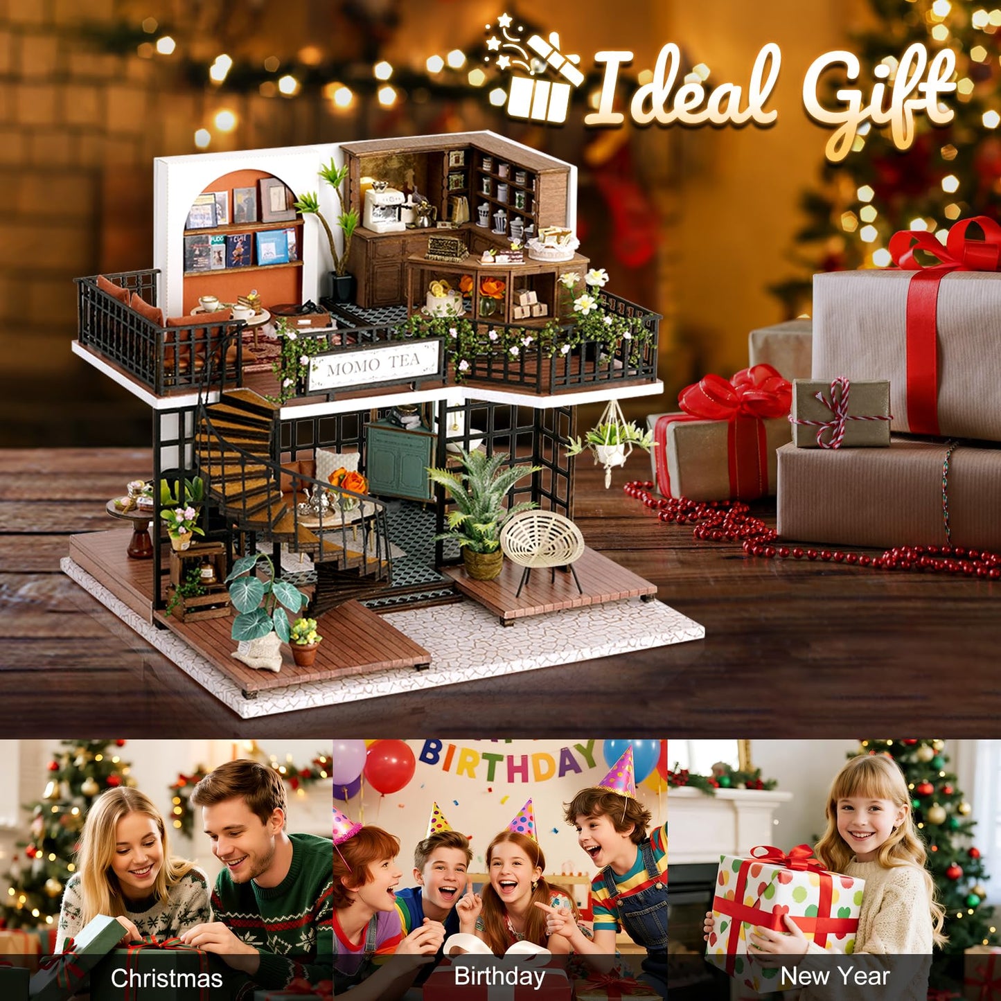 Hallisun DIY Miniature House Building Kits, Romantik Villa and Momo Tea House 3D Wooden Dollhouse Toys, Birthday Festival Gift for Teens Adults with Dustproof Covers