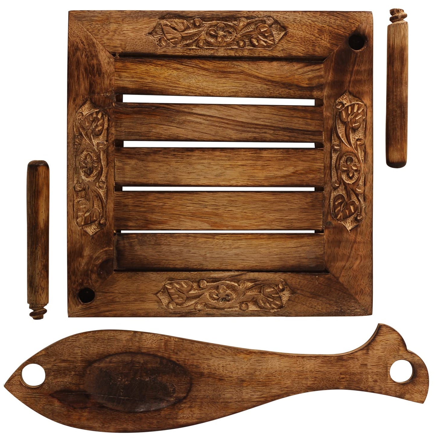 eTroves Wooden Napkin Holder Flat Tray Weighted Fish Shape Bar on Top With Toothpick Holder, 8 Inch, Brown