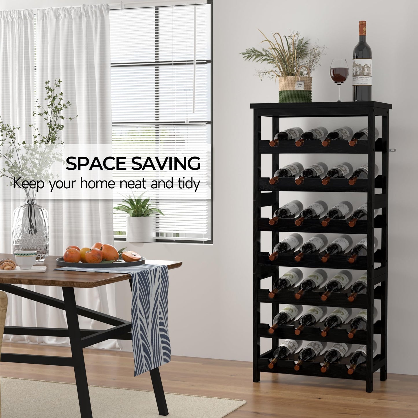 28-Bottle Wine Rack Free Standing Floor, Solid Wood 7-Tier Display Wine Storage Shelves with Tabletop, Wobble-Free Bottle Holder for Cellar Kitchen Bar Dining Room Living Room