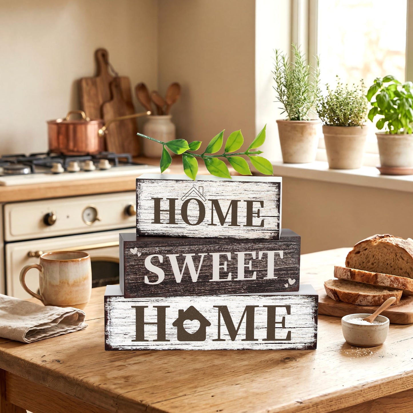4 Pcs Home Farmhouse Wooden Tiered Tray Decor, Eucalyptus Leaves Retro Rustic Table Centerpiece Decorations Gifts for Home Kitchen Mantel Table Shelf Office