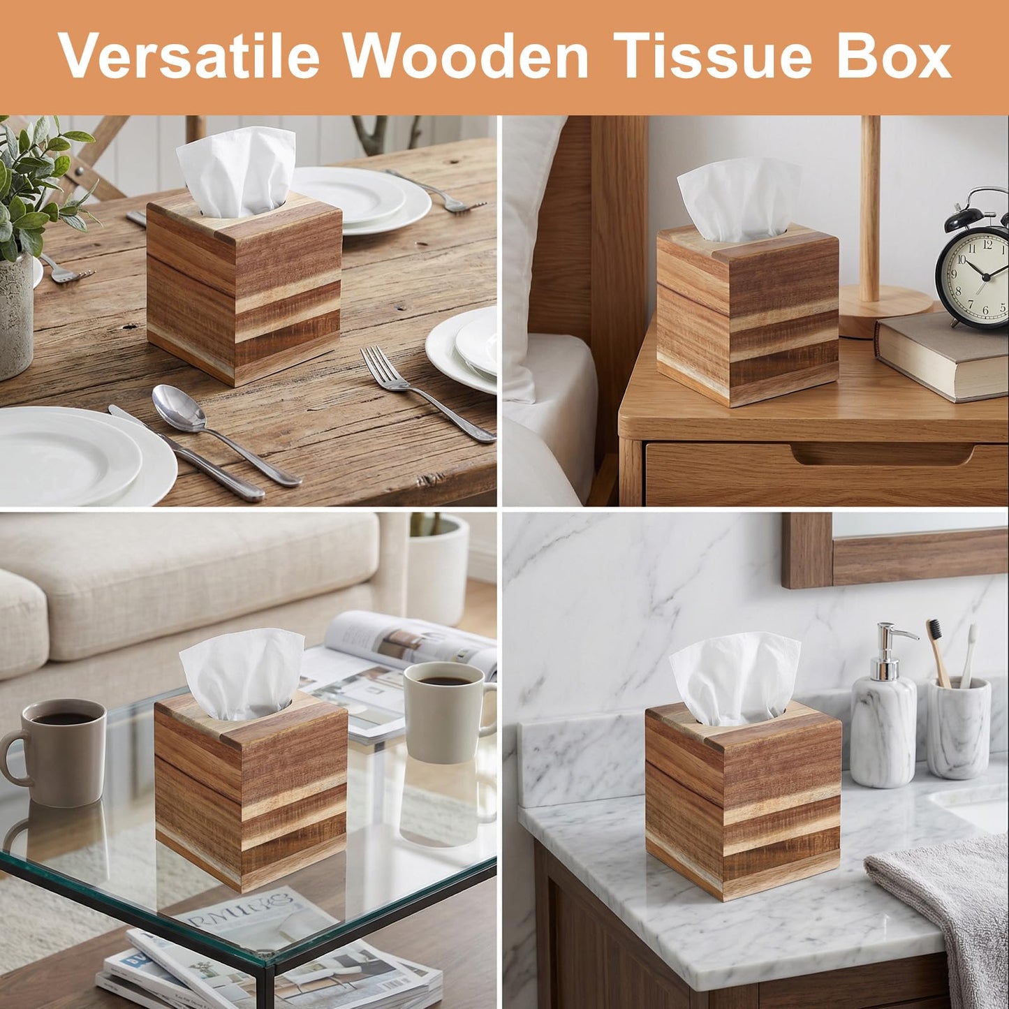 Giloaou 2-Pack Tissue Box Cover, Square Tissue Box Holder Wood Paper Holder for Bathroom Office Living Room, Modern Farmhouse Decor (5.5 x 5.5 x 6.1 inch)