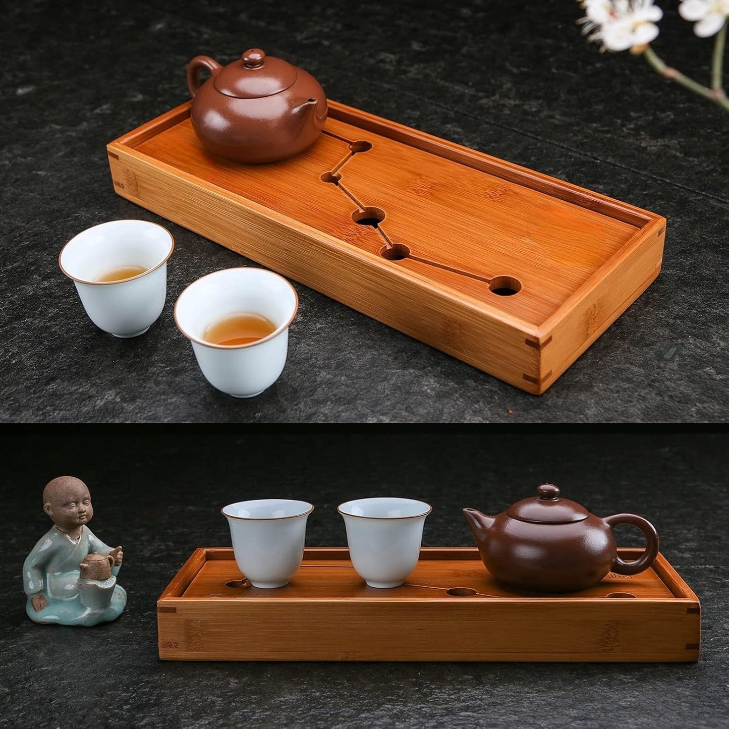 JIKUGO Seven Stars Bamboo Tea Tray 11.8x4.84x1.38in Gongfu Tea Tray Chinese Tea Set Japanese/Chinese Gongfu Tea Table Home Furnishing Serving Water Storage Bamboo Tea Table