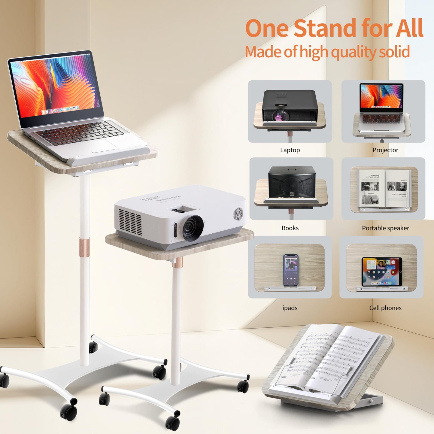 YUMFUN Rolling Laptop Floor Stand, Dual-Purpose for Desk & Floor, Adjustable Height from 16.5" to 51", with 4 Lockable Casters & Book Page Clips, Portable Laptop Stand (White Ash Finishing)