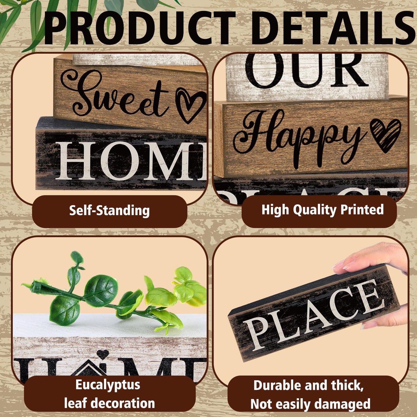 Briwooody 4 Pcs Farmhouse Wooden Table Decor Reversible Sweet Home Tiered Tray Decor Rustic Eucalyptus Leaves Wood Block Sign Gifts for Home Table Kitchen Shelf Fireplace Mantel Decoration