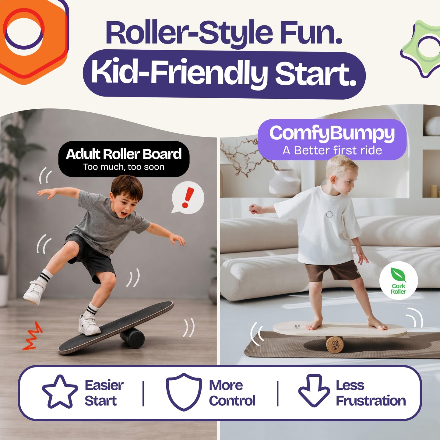 ComfyBumpy Balance Board for Kids with Cork Roller, 30" x 12" Wooden Balance Board, 4 Adjustable Levels, 400 lb Capacity, Progressive Balance Trainer for Kids, Parents & Family Play