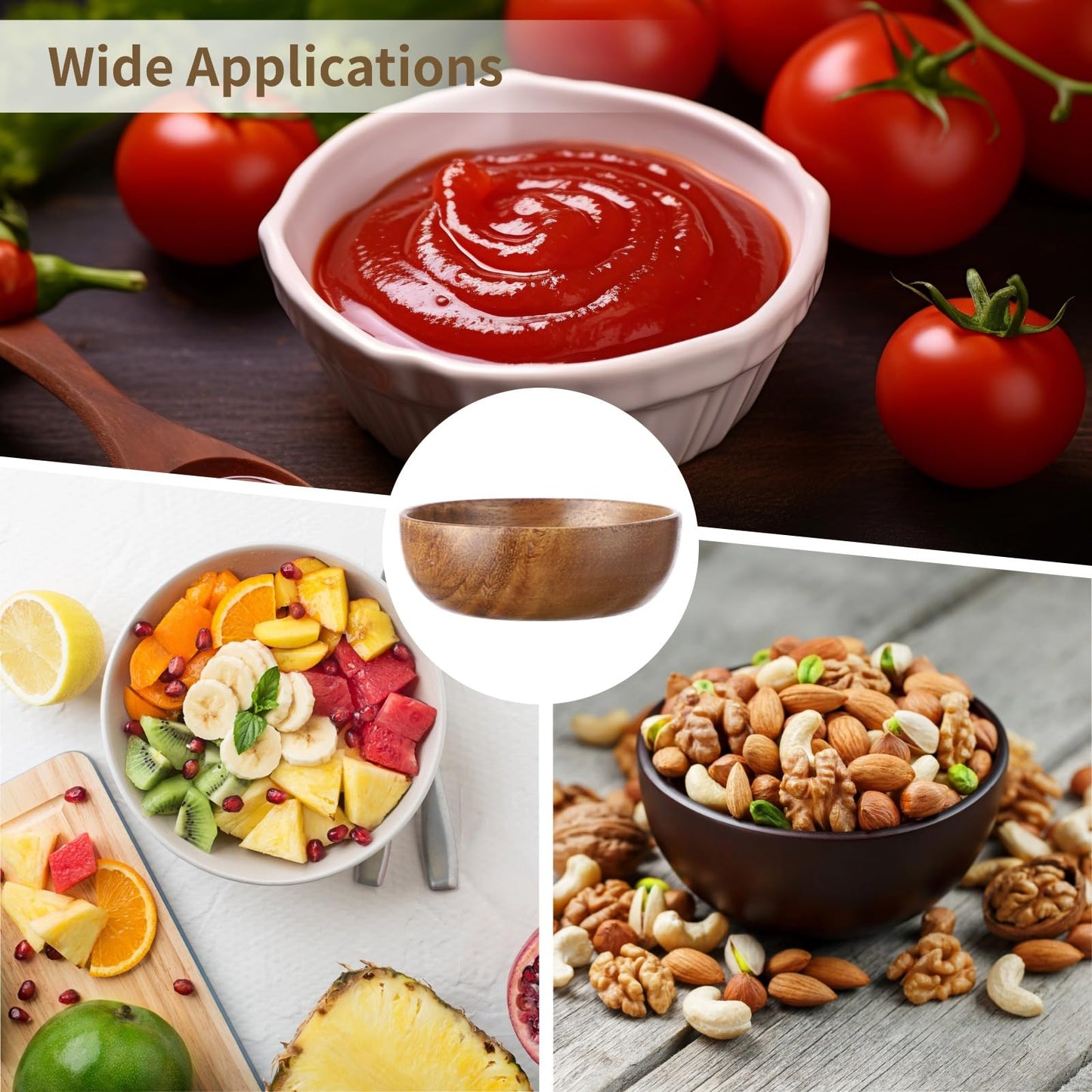 OMISTAR 10 Pcs Acacia Wooden Bowls for Food, 4 in Small Wood Bowls Set, Japanese Style Serving Bowls for Salad, Dessert, Snacks, Handcrafted with Smooth Surface, Heat Insulation