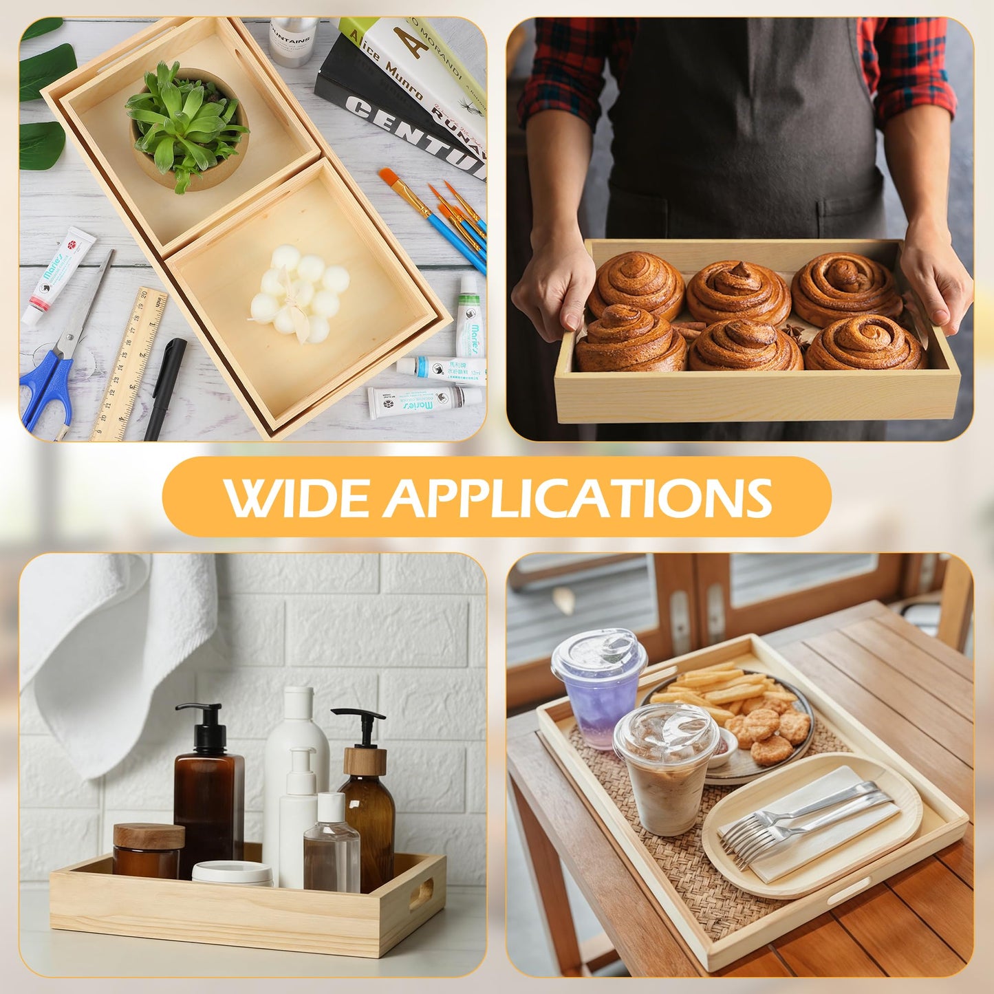 Aodaer 7 Pieces Wooden Trays, Wooden Nested Serving Trays, Rectangular Shape Wood Serving Tray with Handles for Kitchen Party Dinner Snacks