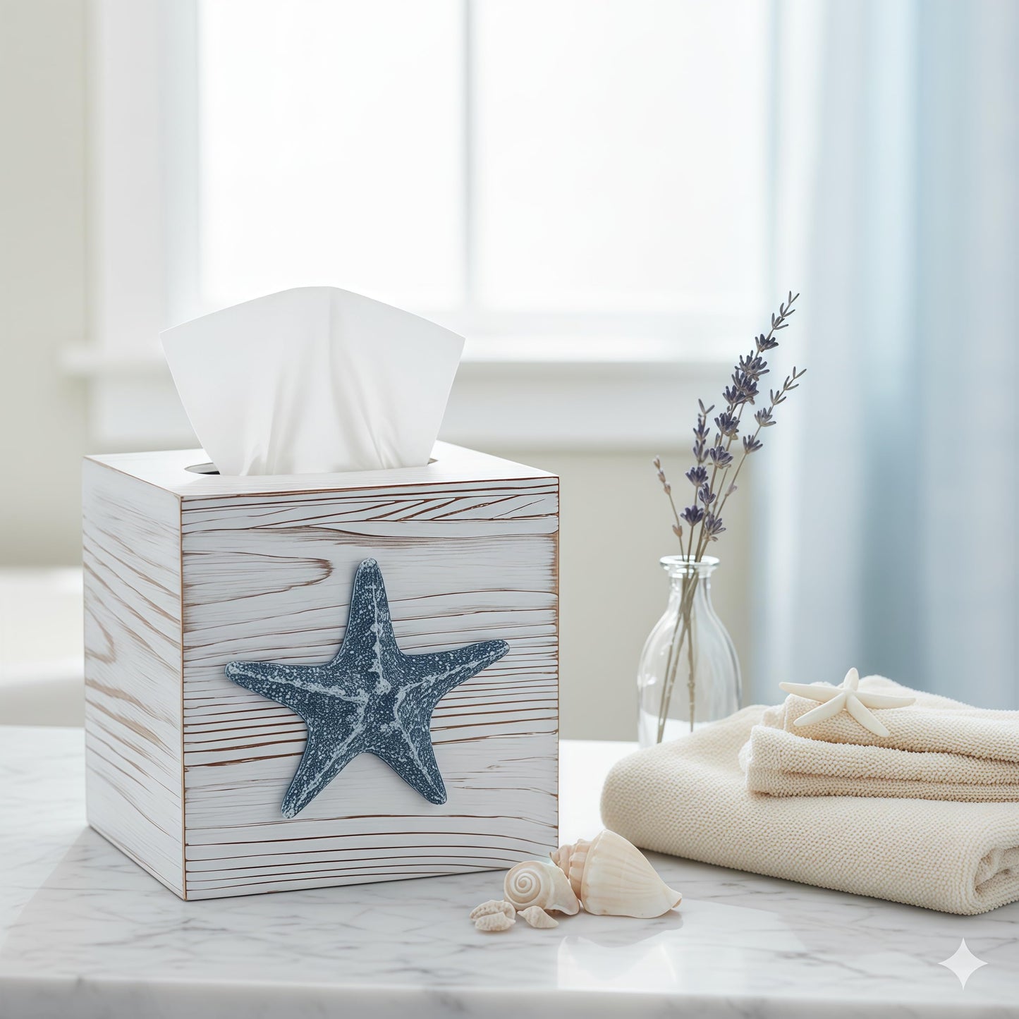 Ovimyne Coastal Tissue Box Cover Wooden Retro with Sliding Bottom Panel Beach Decor for Bathroom Bedroom Living Room,Starfish Decor Suitable for Coastal Gifts Beach House Gifts