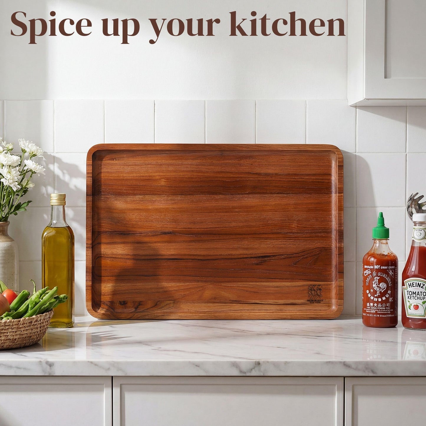 Premium Natural Teak Wood Medium Rectangular Serving Tray – Solid Wooden Display & Drink Tray 15.75 x 11.02 x 0.79 Inch with Raised Rim – Coffee, Wine, Food & Entertaining Tray for Kitchen & Home