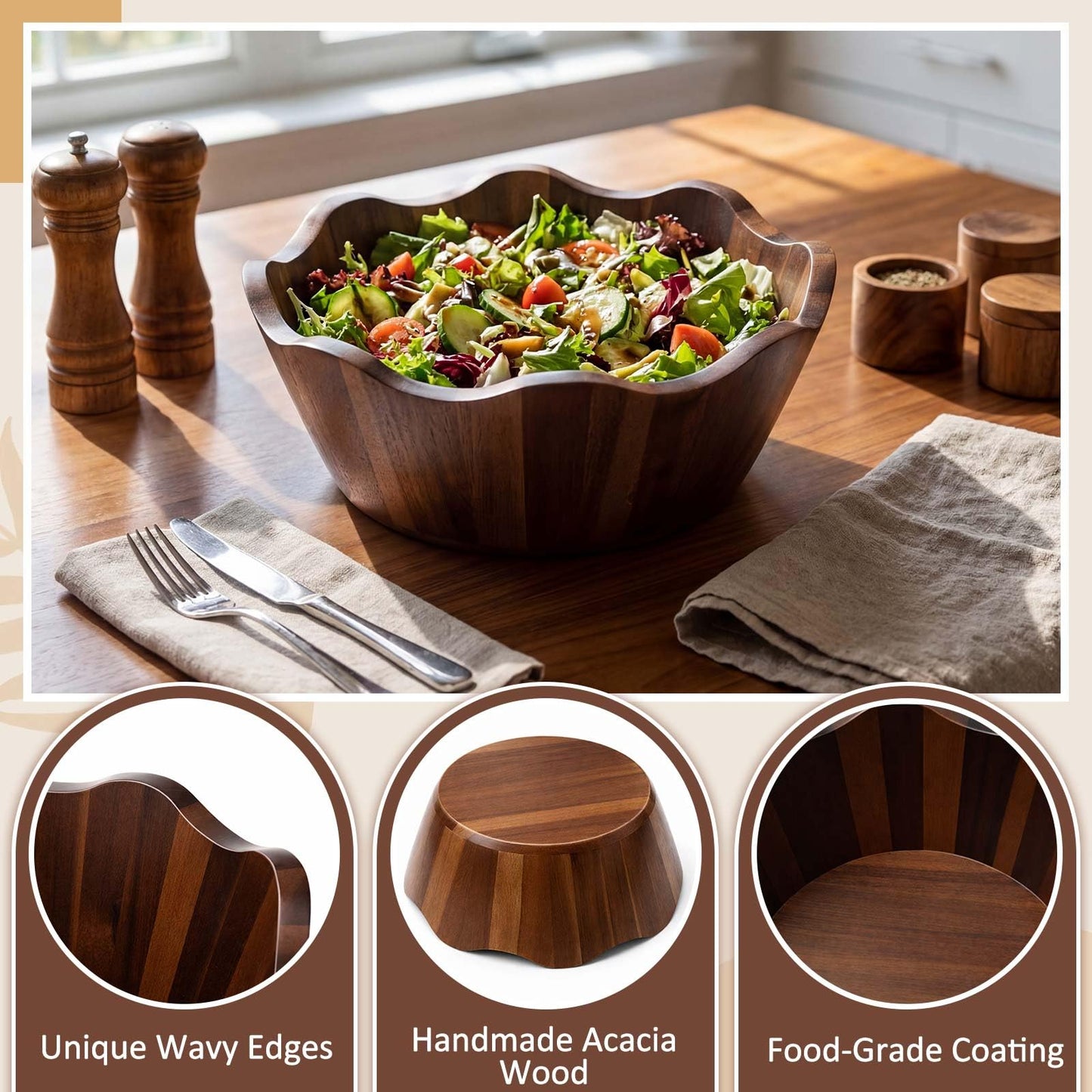 Hushee 3 Pcs Acacia Wooden Salad Bowls Set, 8/10/12 Inch Decorative Scalloped Salad Bowls, Large Wood Serving Mixing Bowl for Fruit, Pasta, Snacks, Weddings, Natural Housewarmings Gifts