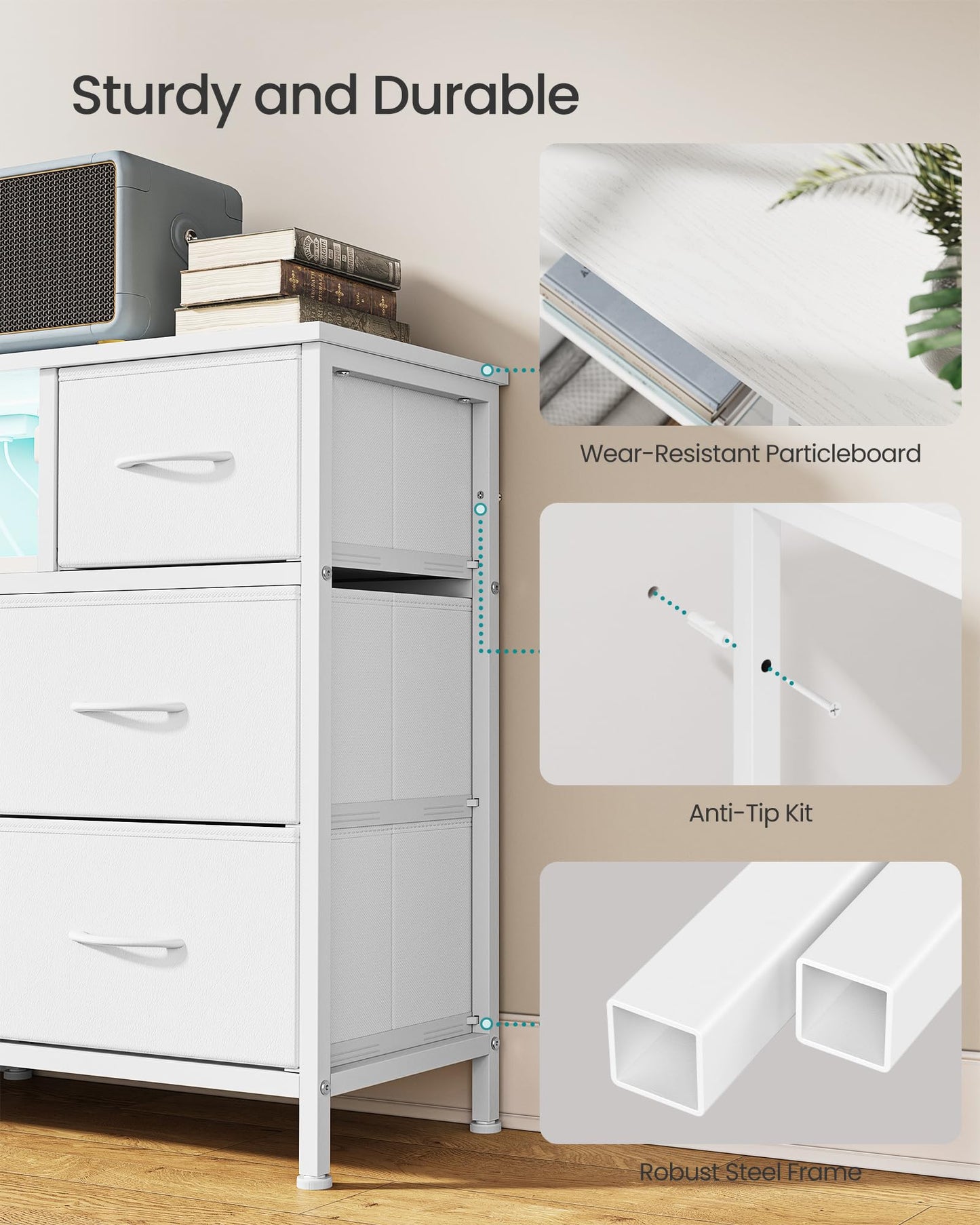 SONGMICS BELLAH Collection - Dresser for Bedroom with Outlets and LED Lights, TV Stand for TVs Up to 65 Inches, Chest of Drawers, 8 Drawers, Steel, Modern, Cloud White ULGS434WH02S