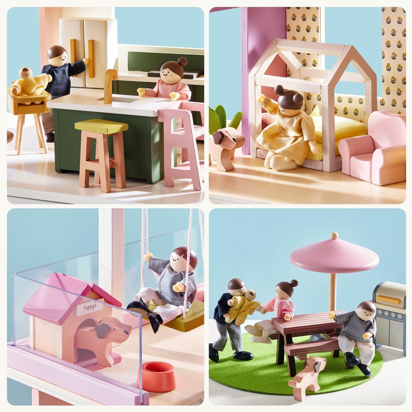 Tiny Land Wooden Doll House, Modern Family Dollhouse with Realistic Design, 7 Rooms Dollhouse with 49 PCS Accessories, Montessori Pretend Play Toddler Toy, Ideal Gift for Kids Ages 3+, Pink
