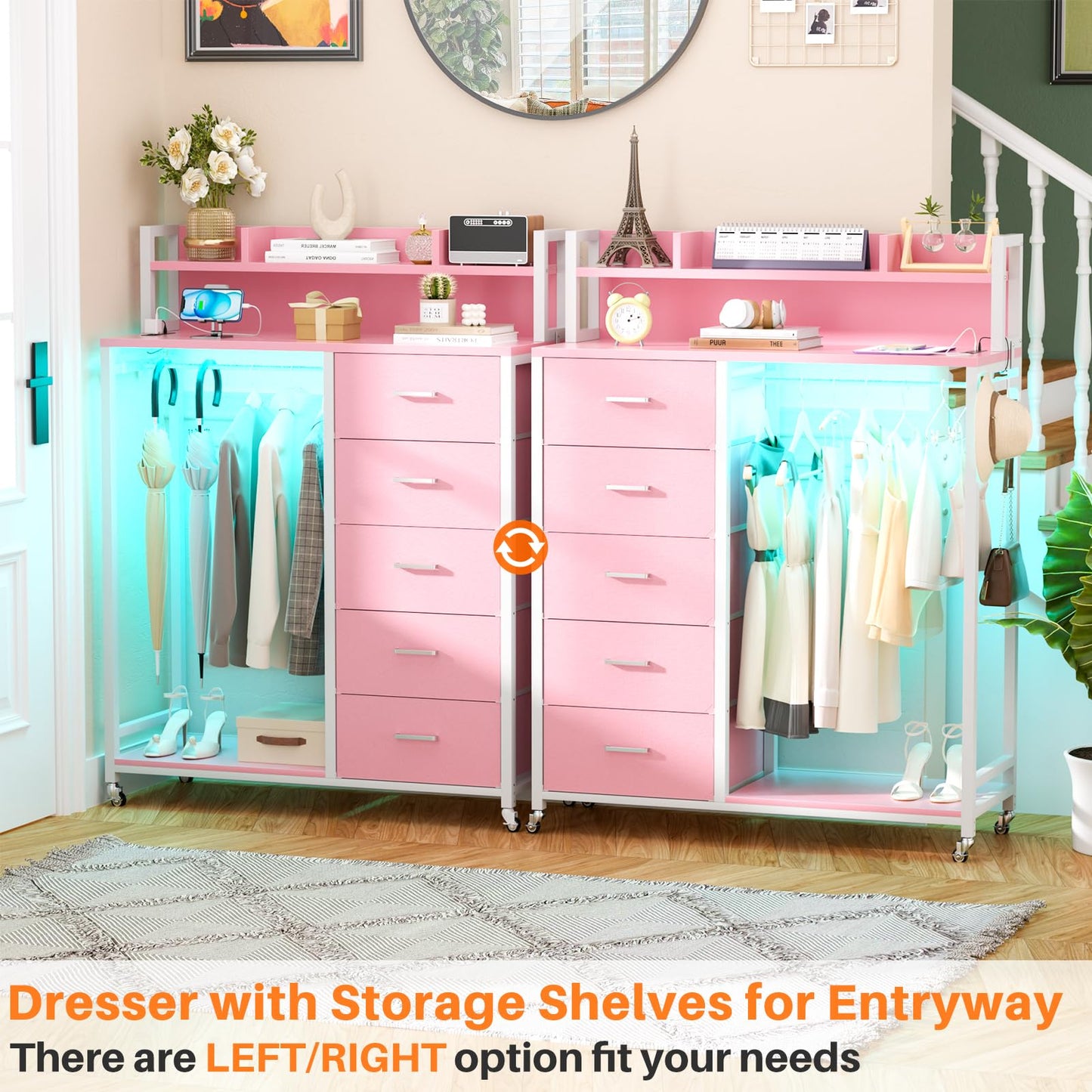 Cyclysio Clothes Rack with 5 Drawers and Shelf, Garment Rack with Charging Station & LED Lights, Fabric Chest Shelves Clothing Hanging Rack, Wooden Portable Wardrobe Closet
