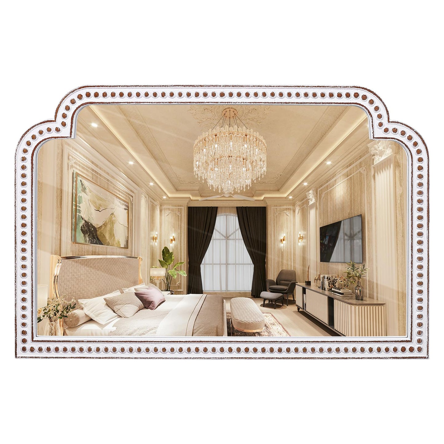 24x36 Inch Ornate Scalloped Arch Mirror, Wooden Antique Beaded Wall Mirrors