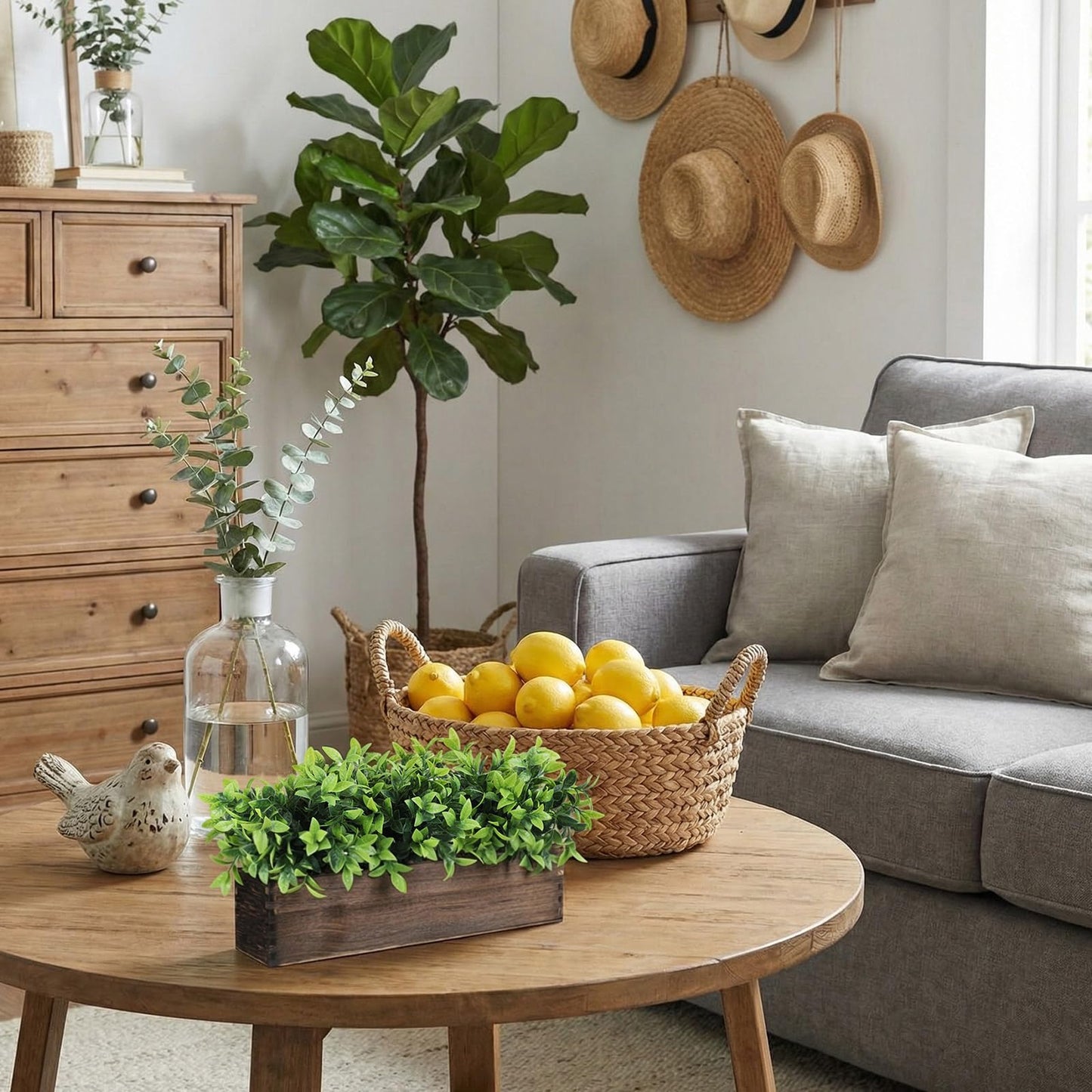 Lyrow 4 Pack Artificial Eucalyptus Plants in Rectangular Rustic Wooden Planter Box Faux Potted Herb Plant Greenery Centerpiece for Cabinet Windowsill Table Shelf Wedding Farmhouse Decor (Brown,16 '')