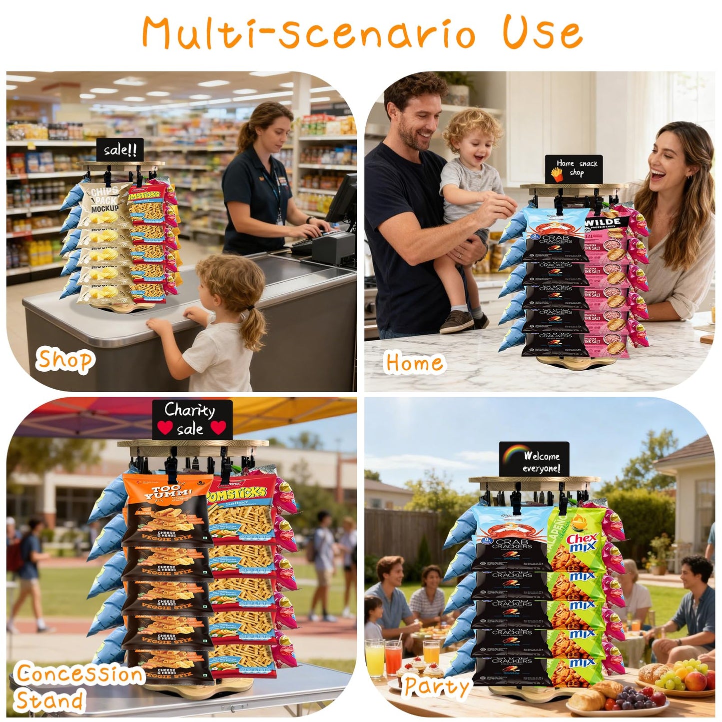 Mazatzal 5 Tiers 40 Clips Chip Rack Display Stand, 360° Rotating Snack Organizer with Flower Shape Wooden Base, Countertop Candy Holder for Party, Retail Store, with Message Board