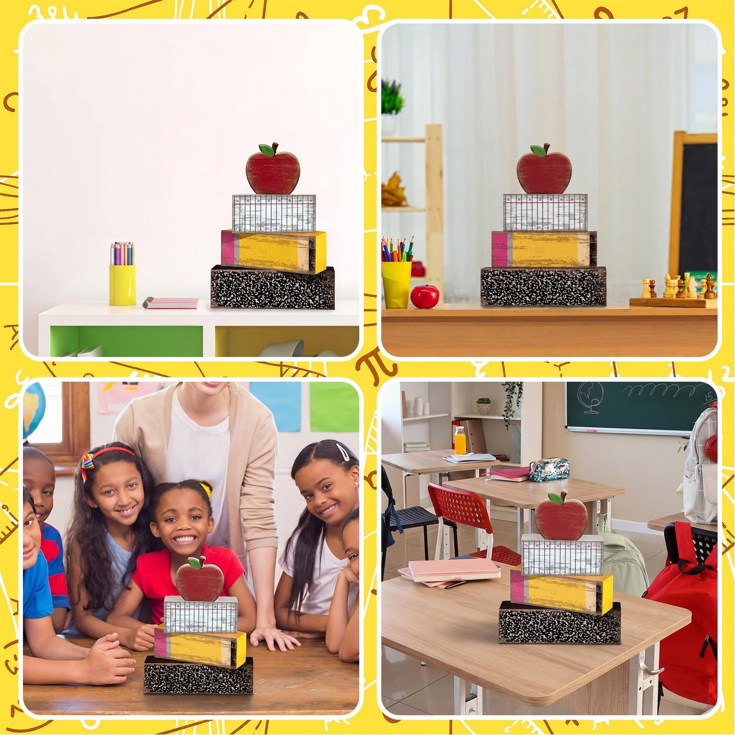 Lineshading 4 Pcs Back to School Table Decorations Retro Red Apples Decor Back to School Tiered Tray Decor Apple Centerpieces Rustic Wood Pencil Block Sign Farmhouse Gifts for Home Shelf Mantel