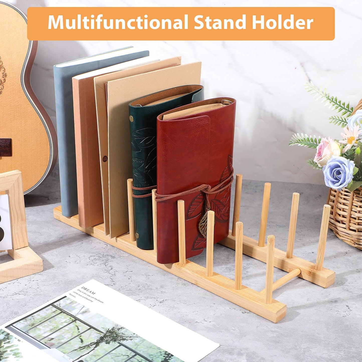 Leooomap 8-Slot Bamboo Wooden Plate Rack, Dish Drying Rack & Pot Lid Holder Stand, Kitchen Cabinet Organizer for Bowls, Cups, Cutting Boards
