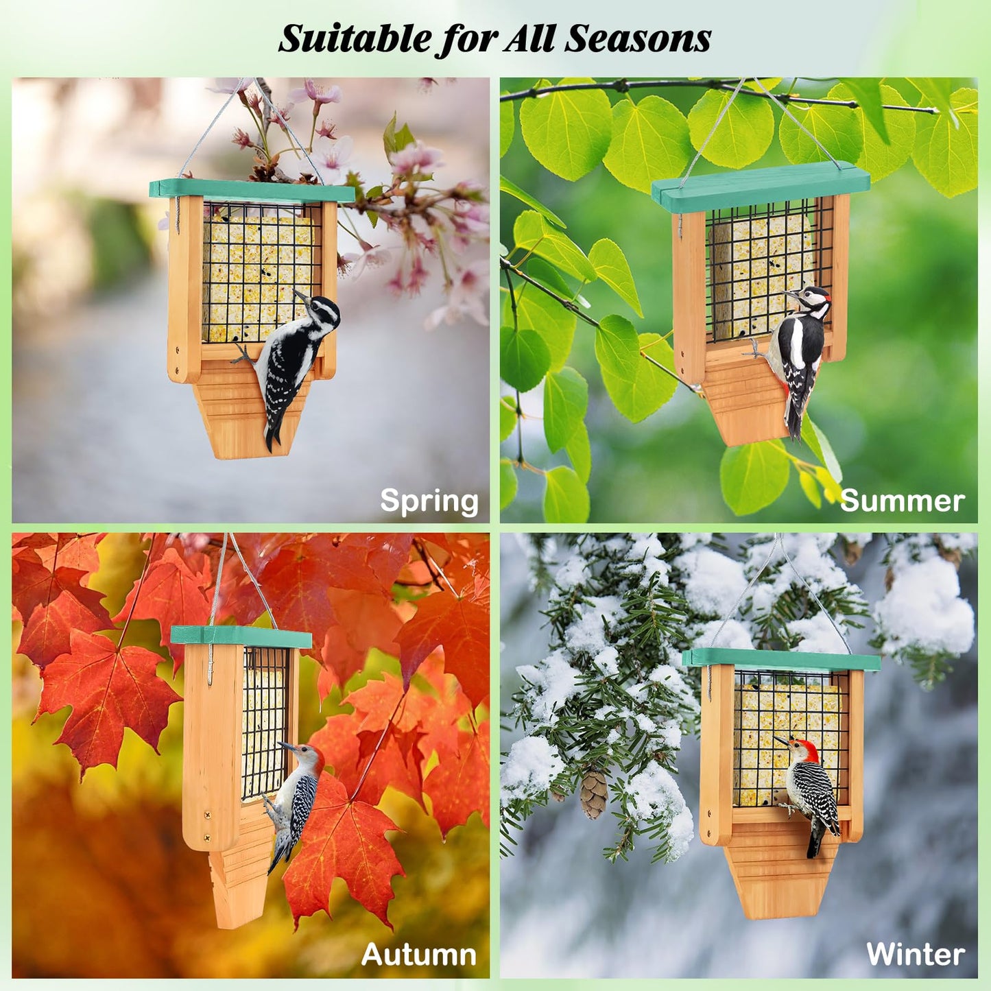 Gbekery Wooden Suet Bird Feeder for Outside Hanging, Woodpecker Suet Feeder with Tail Prop, Hanging Bird Feeder for Wild Birds, 1 Pack, Green