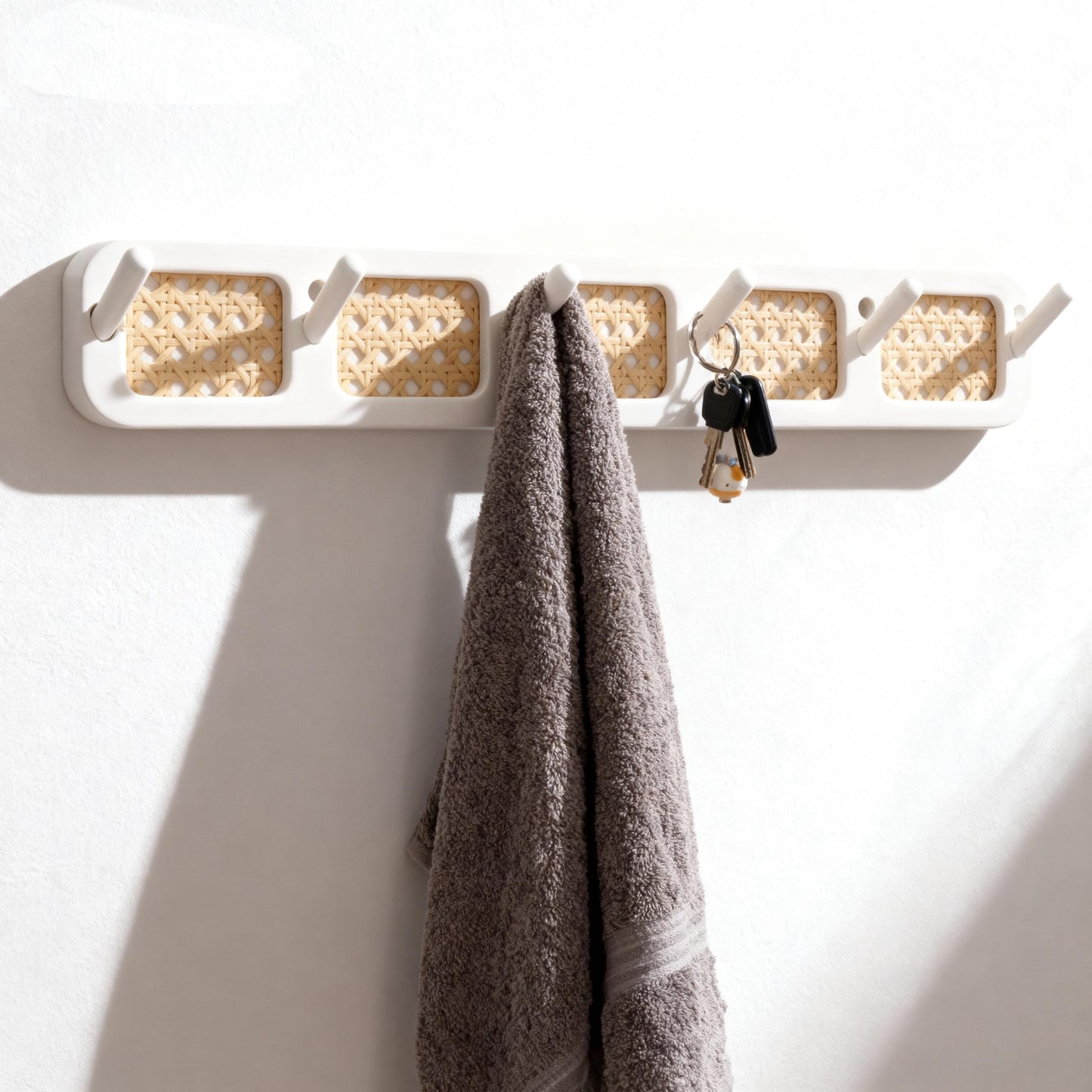 Shamgzuu Coat Rack Wall Mount, Rattan Coat Hooks Hanger Wall Mounted, 6 Heavy Duty Bamboo Hooks Rack Rail for Hanging Clothes Hats Bags Jacket Towels Plants, White (White)