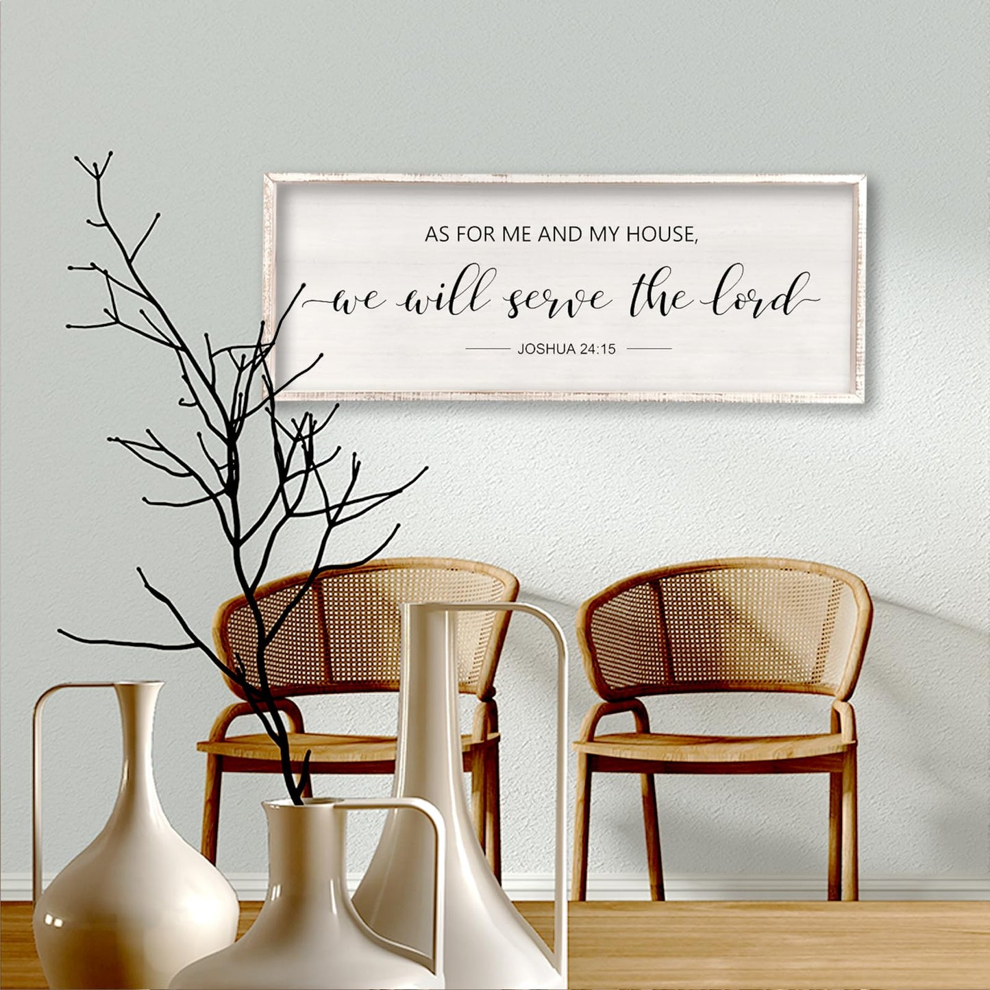 comurdyo As For Me And My House We Will Serve The Lord Wall Decor 32" x 12" Bedroom Above Bed Sign Large Rustic Farmhouse Wood Framed Bible Verse for Religious Scripture Christian Wall Art (White)