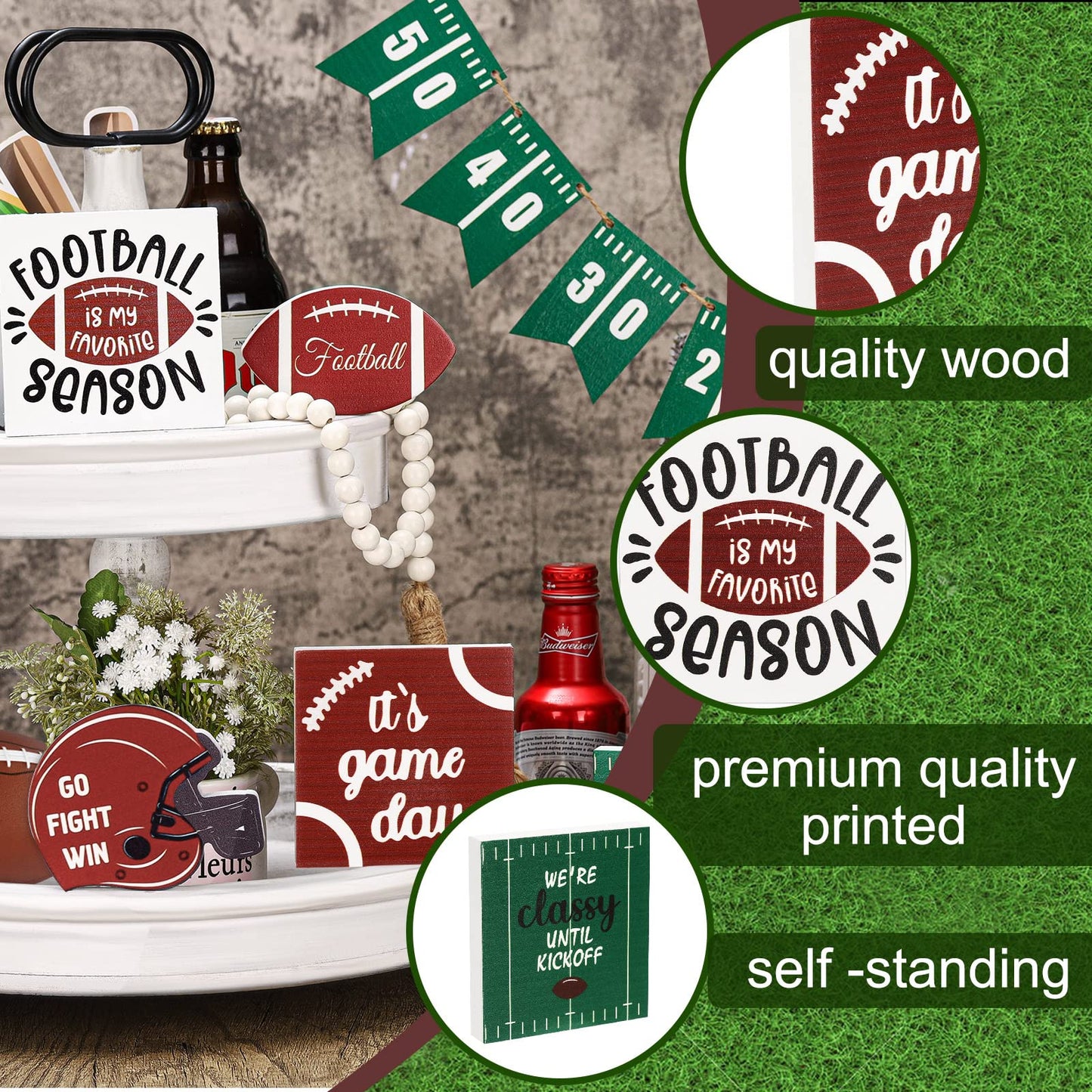 Sawysine 10 Pcs Football Tiered Tray Decor Farmhouse Football Decor Wooden Rustic Football Game Sign Go Fight Win Helmet Blocks Football Tray Decor for Football Season Table Party(Classic Style)