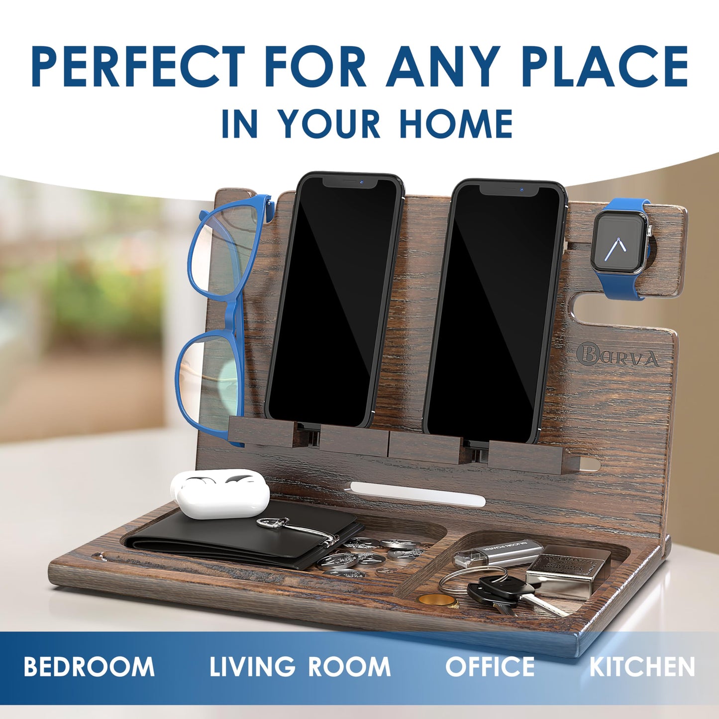 BarvA Two Phone Docking Station | Night Stand Desk Organizer | Wood Nightstand Organizer | Tablet Smart Watch Earbuds Charging Station | Upgraded Dresser Phone Stand | Bed Room Decor Gifts for Men