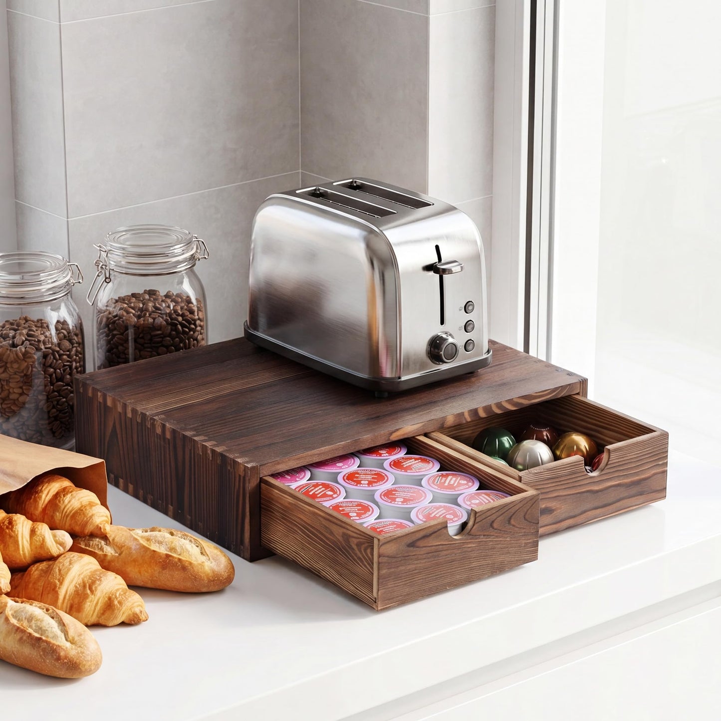 Wooden Coffee Pod Organizer with 2 Drawers, Countertop K-Cup Holder Drawer for 30 Pods, 2-in-1 Coffee Maker Stand + Storage Drawers, Coffee Pod Storage Perfect for Coffee Bar, Office & Home Kitchen