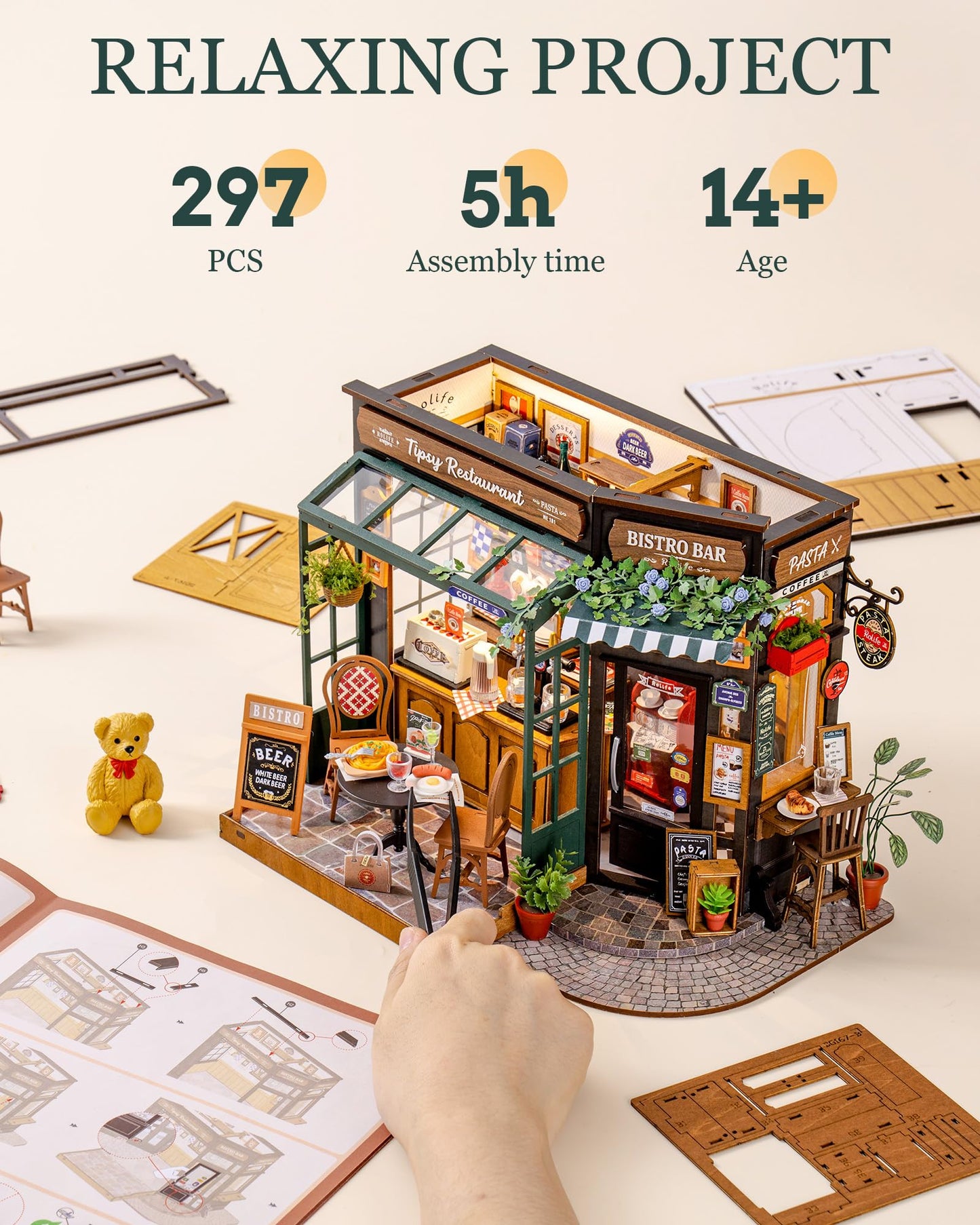 ROBOTIME DIY Tiny House Kit, Miniature House Kit for Adults to Build, Mini House Kit with Furniture, Halloween/Christmas/Birthday Gifts for Men/Women(Tipsy Restaurant)