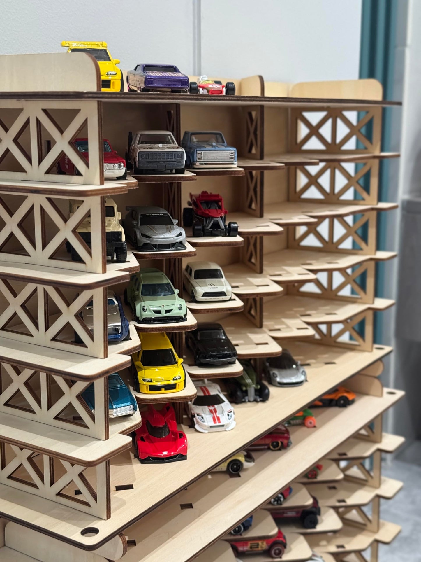 Wood Toy Car Hot Wheels Display Rack, Holds 36 Diecast Cars Model Car Display Case 1/64 Scale Toy Cars Organizer Freestanding or Wall-Mounted Toy Car Storage Cabinet (Wood, Medium)