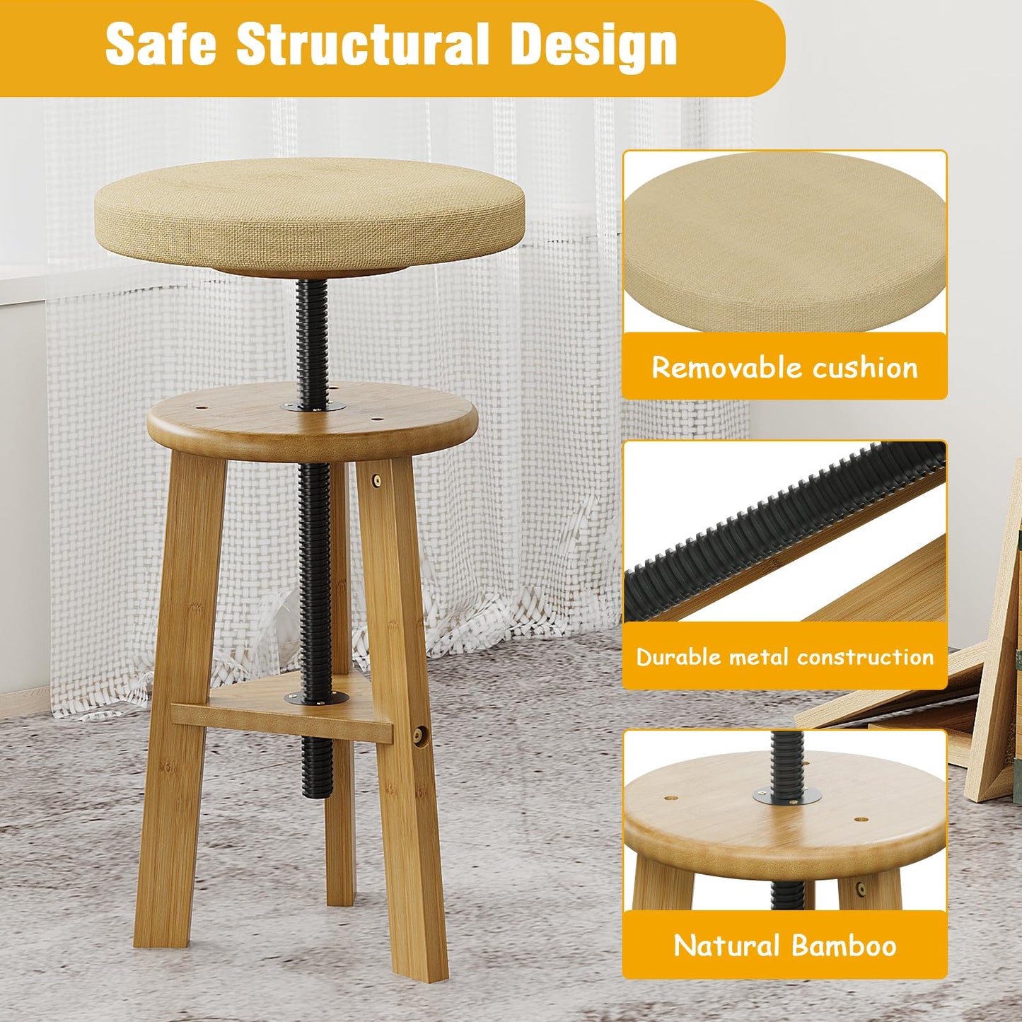 Trironsun Adjustable Height Bamboo Drafting Stool with Canvas Padded Seat 19"–26" Swivel Drafting Chair for Drawing, Painting, Office, Kitchen, or Home Studio Natural Finish