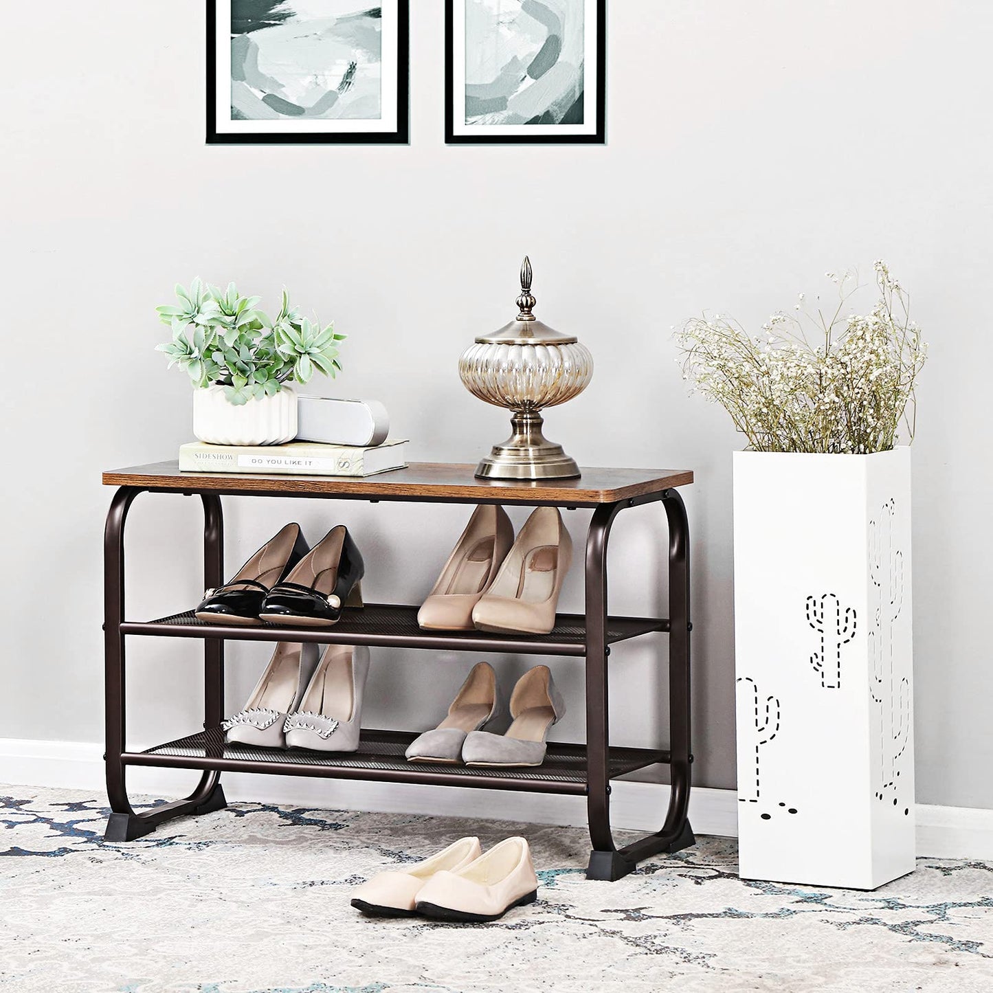 VASAGLE Coat Rack, 3-in-1 Hall Tree, Entryway Shoe Bench Coat Stand, Storage Shelves & Shoe Bench Rack, 3-Tier Storage Shelf for Entryway Hallway Living Room, Industrial Accent Furniture