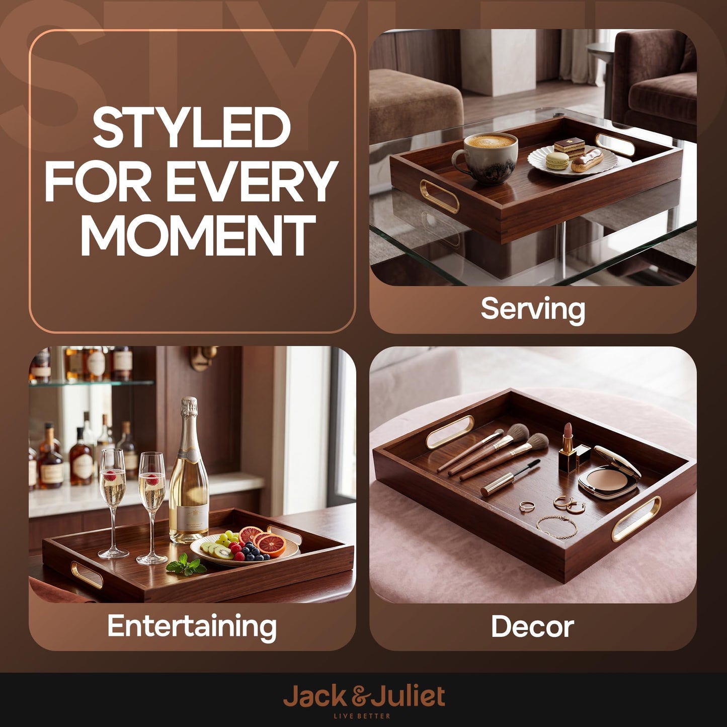 Jack & Juliet Teak Wood Ottoman Tray – Wooden Multifunctional Tray with Real Brass Handles - Non Slip Base in Food-Safe Finish - Gift-Ready Packaging for Coffee Table and Home Decor (Walnut)