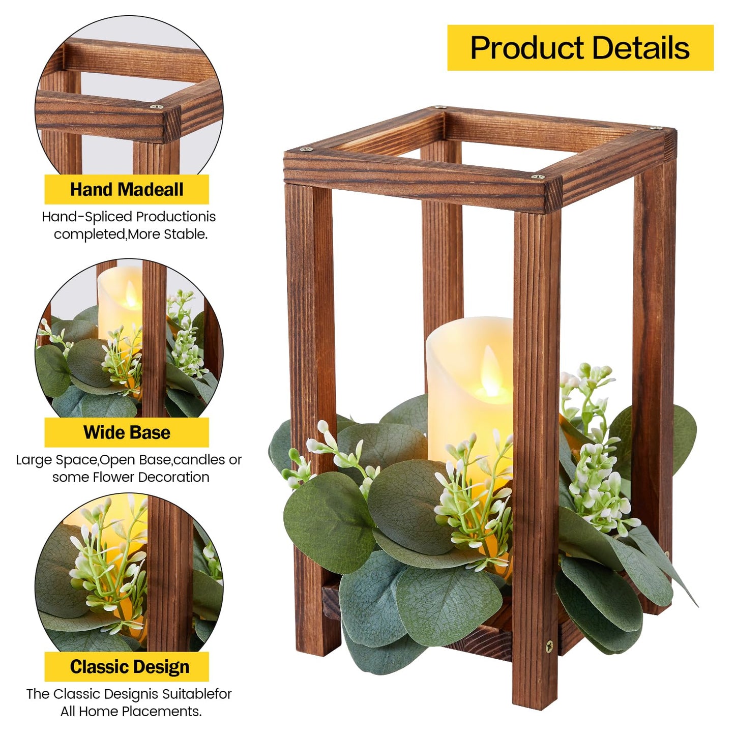 Neoflavie 42 Pcs /14 Set Wooden Wedding Lantern Centerpiece-Wooden Candle Lantern Bulk Includes 14 Farmhouse Wooden Candle Holder 14 Flameless LED Candles 14 Eucalyptus Leaves Wreath for Decoration