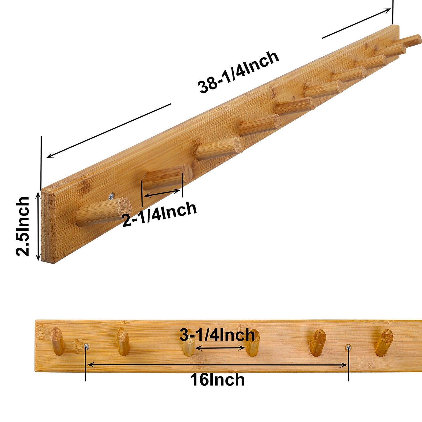 SKOLOO Wood Coat Rack Wall Mounted,10 Peg Long Bamboo Hook for Hanging Backpack Coat Towel Hat,16'' Hole to Hole,Pack of 2,Natural