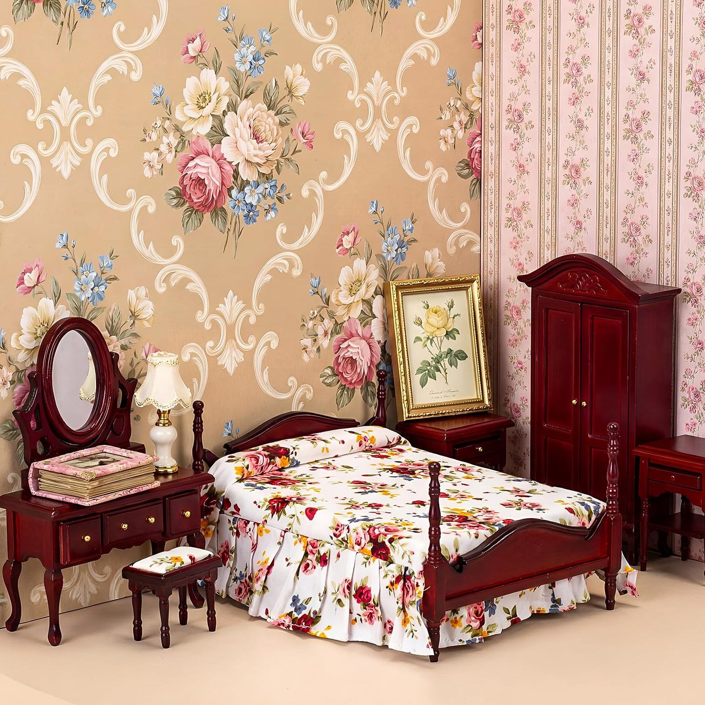 Skylety 7 Pcs Victorian Dollhouse Furniture Set 1: 12 Scale Wooden Mini House Bedroom Furniture and Accessories, Bed Dressing Table Wardrobe Carpet for Adults Toy Gift Miniature Doll House Accessories