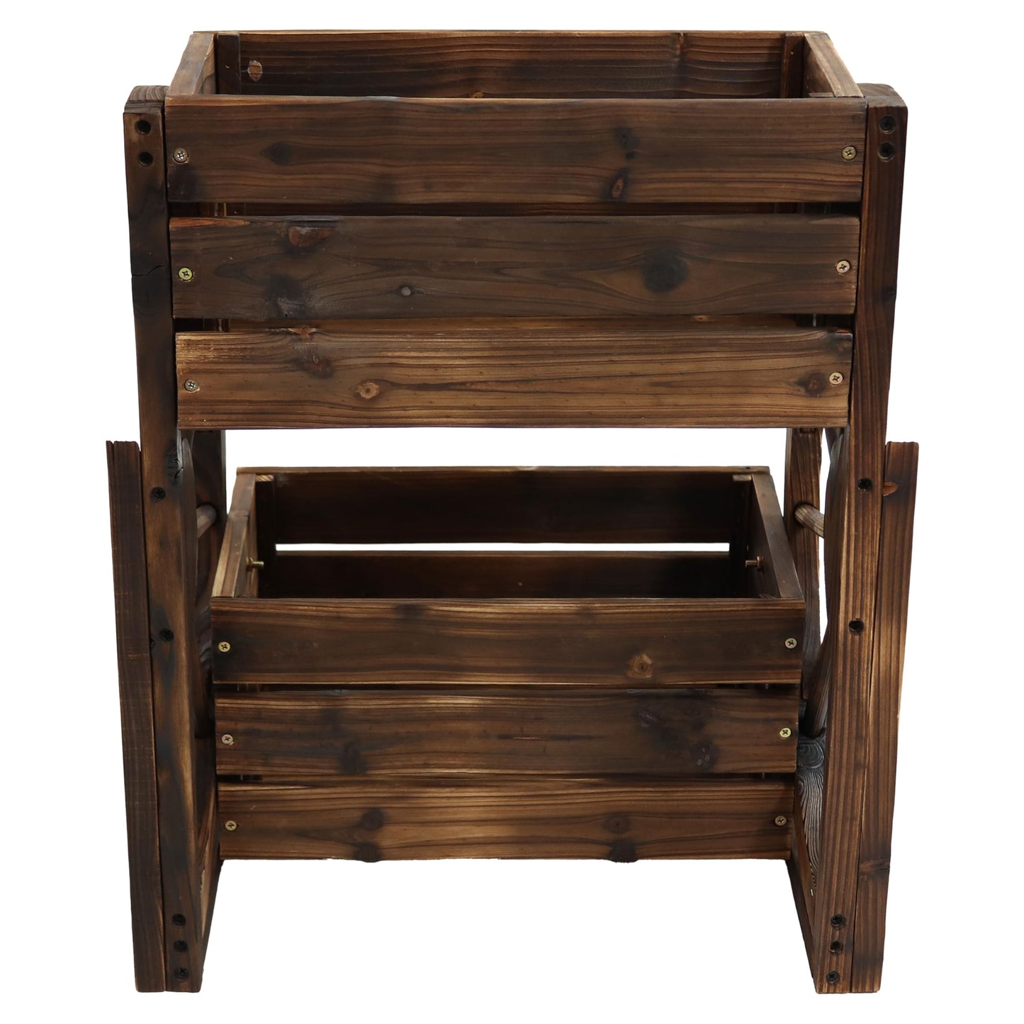 Sunnydaze Wagon Wheel 2-Tier Rustic Wood Plant Stand - Tiered Garden Box - For Patio, Garden, or Front Porch - Charred Fir Wood