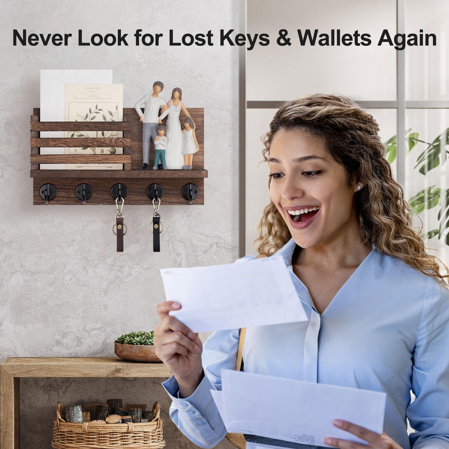 Lwenki Key Holder for Wall – Decorative Wooden Mail Holder and Key Shelf with Mounting Hardware, Installation Guide – Paulownia Wood with Metal Key Hooks (Brown, Large - 11.8inch)