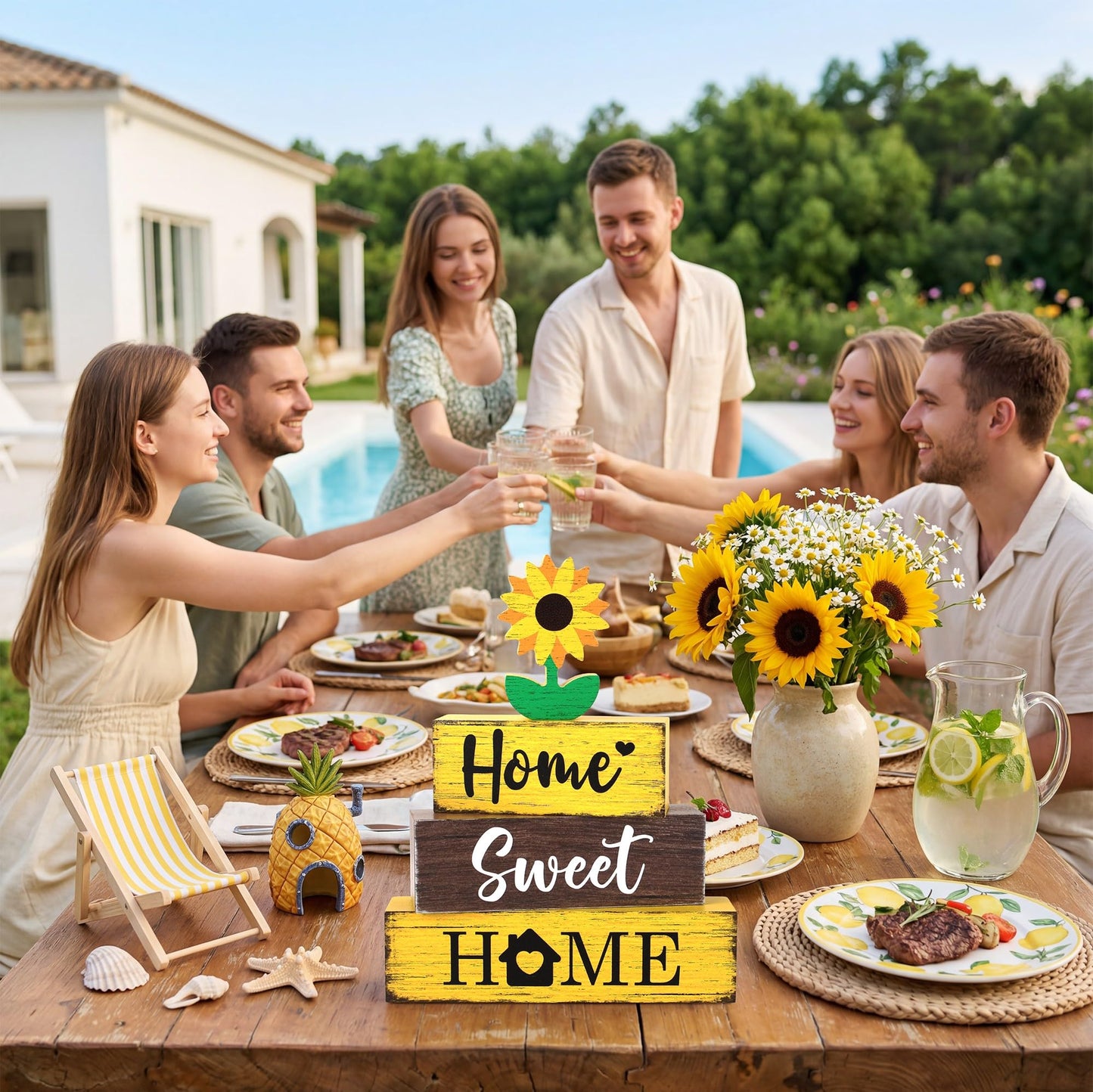 4 Pcs Sunflower Wooden Tiered Tray Decor, Sunflower Sunshine Decorations Gifts for Home, Summer Table Centerpiece for Coffee Bar Beach Party Kitchen