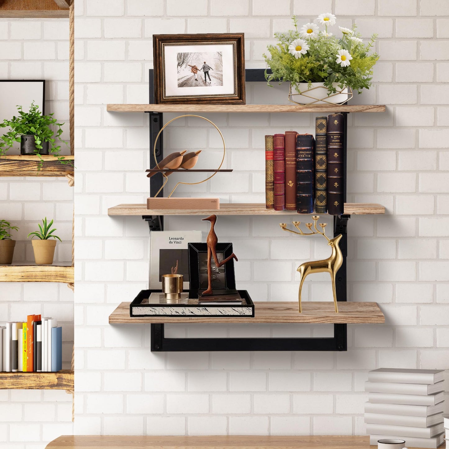 Wodhels 24-Inch Floating Shelves for Wall,3-Tier Wooden Wall Mounted Kitchen Shelves with Foldable Brackets,Hanging Wall Shelves for Living Room, Coffee Bar,Bedroom, Bathroom,Rustic Brown