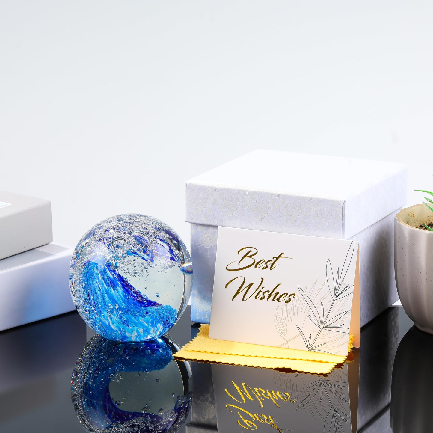 Qianwei Hand Blown Ocean Waves Crystal Ball - Glass Collectible Figurines Spere - Paperweight Glass Ball Aquarium DecorOffice Decor Ocean Lovers