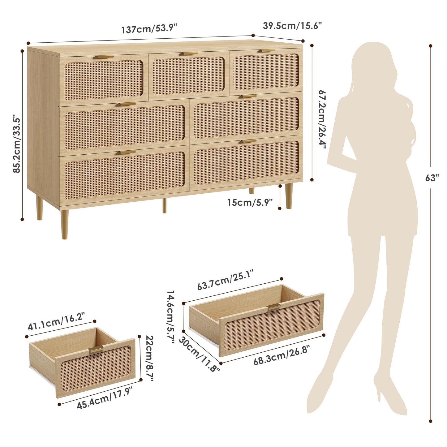 GarveeHome Rattan 7 Drawer Dressers for Bedroom, Tall Dresser with Deep Drawers, Large Chest of Drawers for Closet with Wide Top, Long Wooden Dresser for Living Room, Hallway, Kids Room, Natural