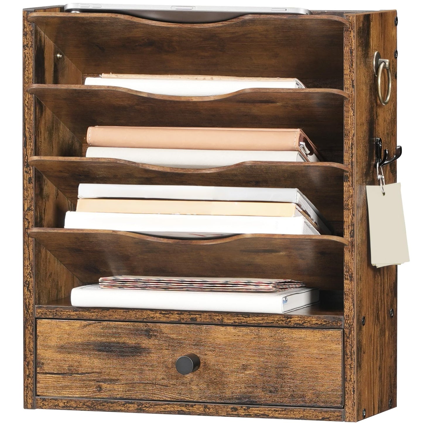 HOOBRO Wall File Organizer, Mail Organizer Wall Mounted, Wooden Literature Organizer, Construction Paper Organizer with Drawer Storage and 2 Hooks, for Office, Classroom, Home, Rustic Brown FG14WF01