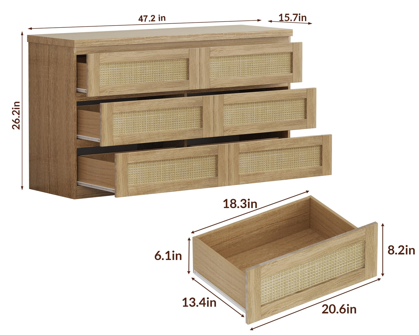 GarveeHome Rattan Dresser for Bedroom, Modern 6 Drawer Double Dresser for Bedroom, Wide Wood Chest of Drawers for Bedroom, Living Room, Hallway, Natural