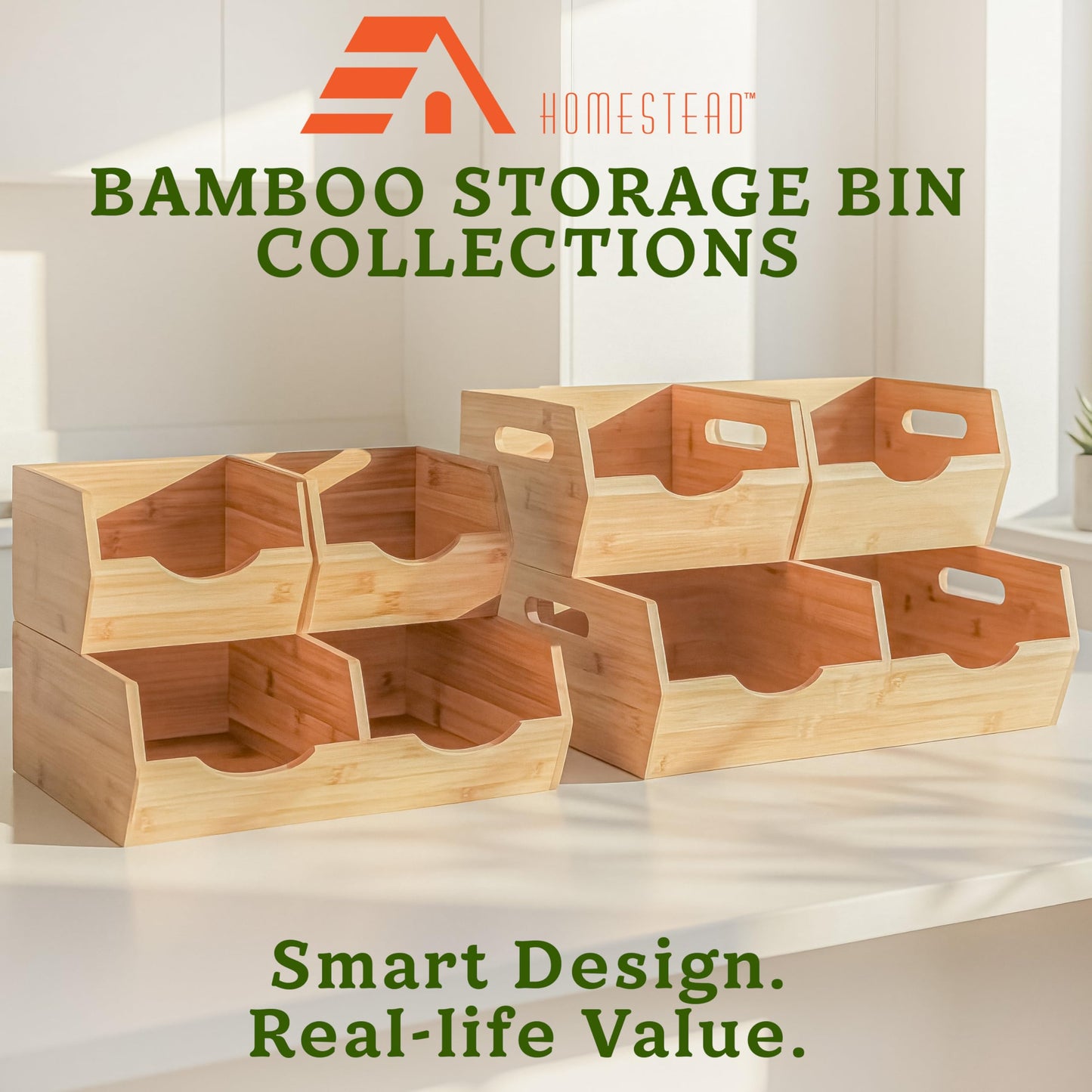 HOMESTEAD Extra Large Bamboo Pantry Storage Bins โ 30% Larger, Stackable Potato Onion Storage Bin, Large Pantry Organizers and Storage, Produce Vegetable Organizer, Set of 3