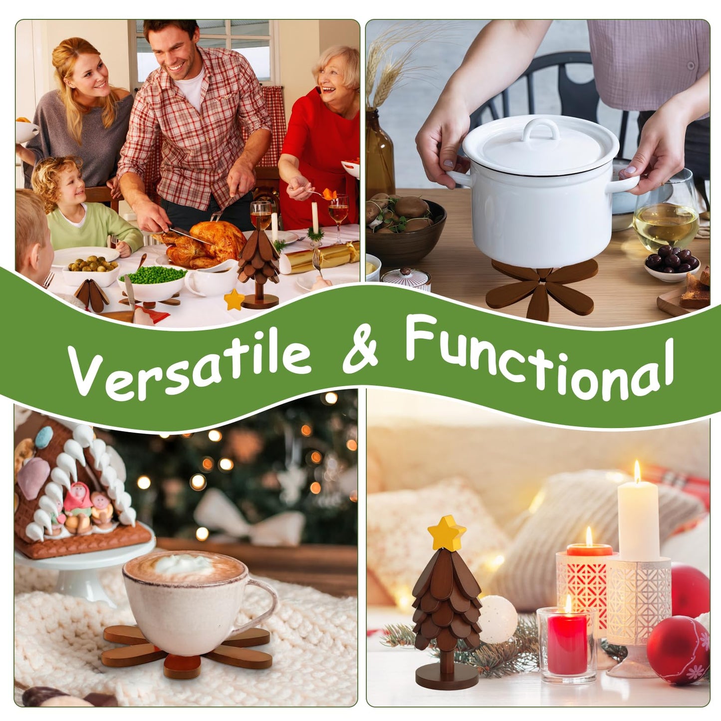 Lwuey Christmas Wooden Tree Trivet Set - 5 Foldable Heat-Resistant Trivets + 1 Stand for Hot Dishes, Pot, Bowl, Teapot, Hot Pot Holders(Walnut)